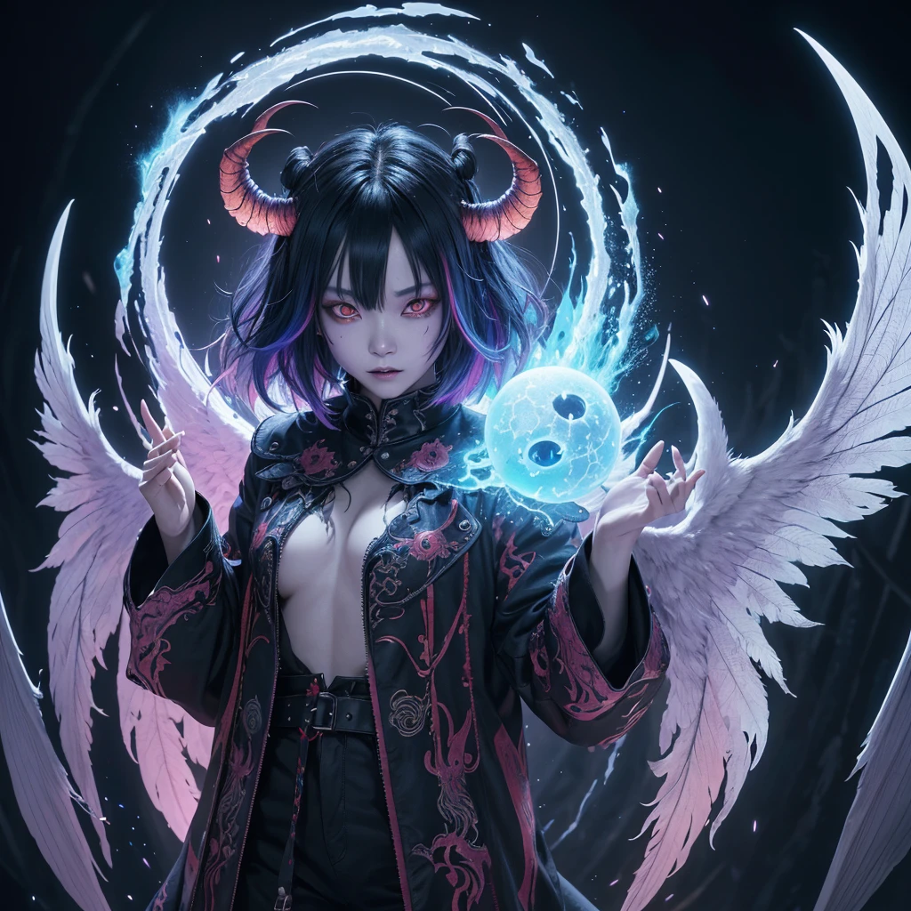 Arch-Demon, Ninki Naka The Soul Tormentor Of Underworld, glowing eyes, winged, floating, aura, magic, face, floating glowing dyed hair, Intricately Detailed, fully clothed, 8K Resolution, Dynamic Lighting, Unreal Engine 5, HDR, Perfect Composition, colorful polychromatic, high contrast, ethereal, fantasy, Beautiful face, Photograph
