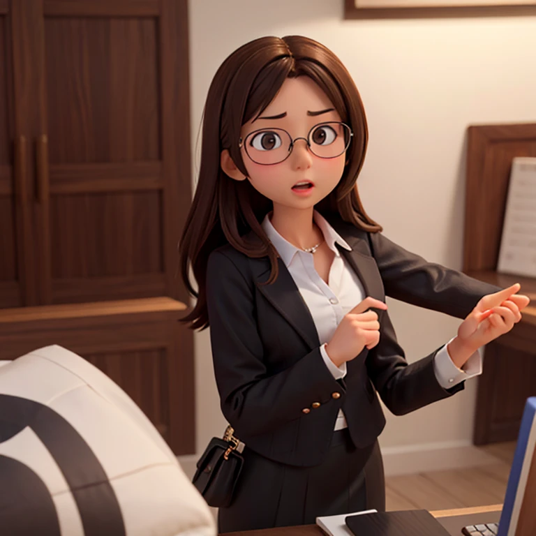 1girl, medium-length brown hair, brown eyes, glasses, open forehead, office outfit, black jacket, white shirt, black skirt, open mouth, no smile, fright