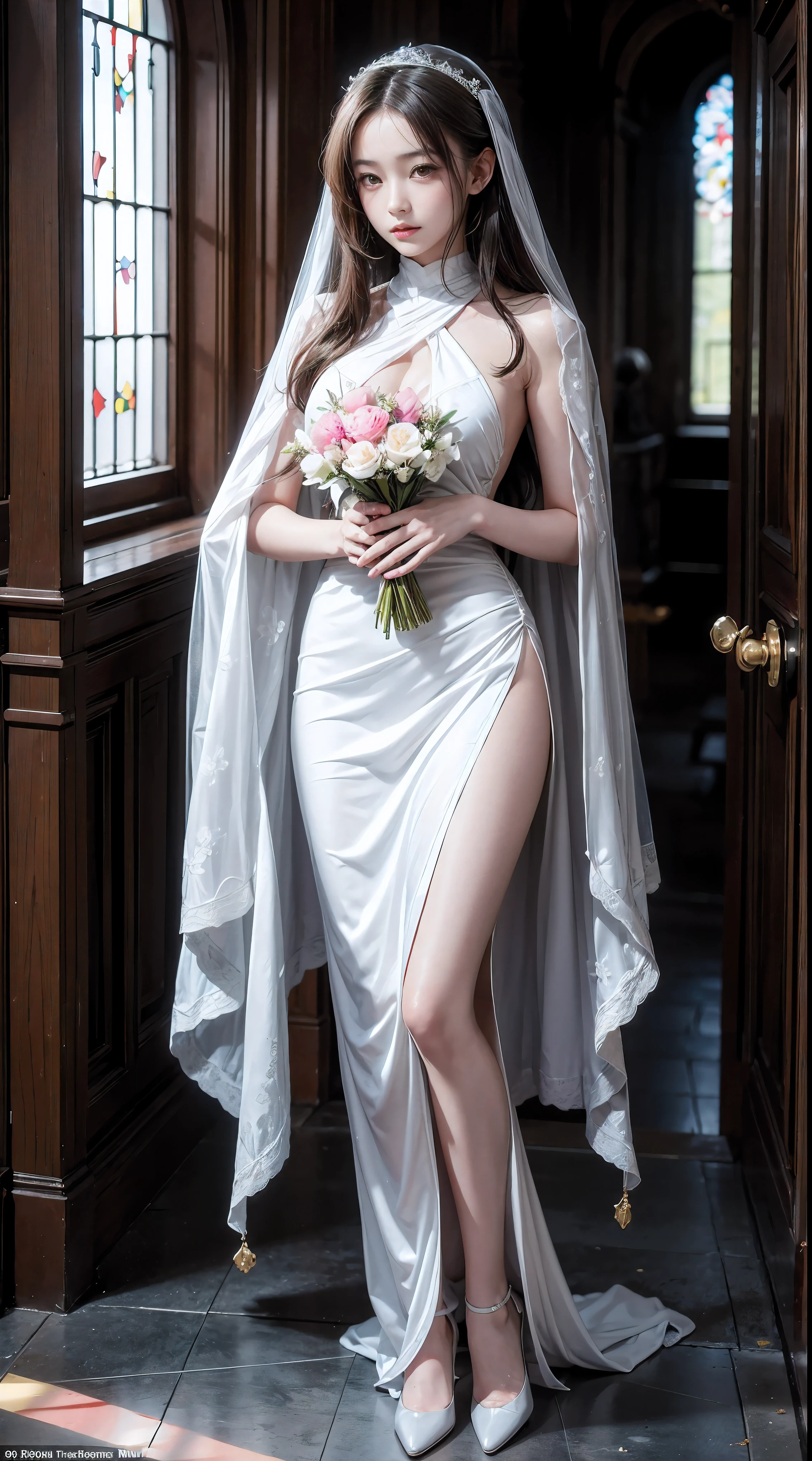 Sugihara anri, ((solo)), alone, bride, was naked, horny, happy, ((forehead to show)), standing, entering the church, dark hair, long hair, delicate, young, long hair, detailed face, high definition, ((full body)), (flowers around her), full body, she is a beautiful woman getting married, face with high quality, beautiful, radiant, big breasts, nipple erect, visible pubic area, visible crotch