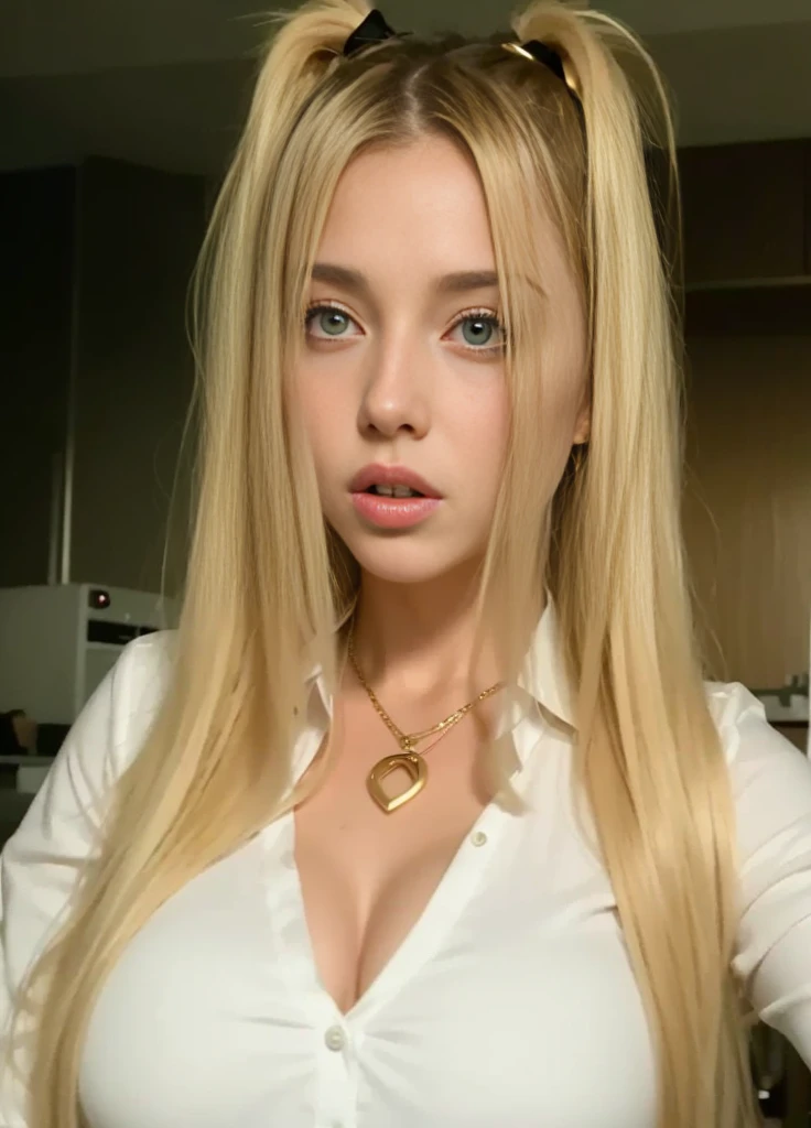 arafed blonde woman with a white shirt and a gold necklace, long blonde hair and large eyes, angelina stroganova, blonde hair and large eyes, has long blonde hair, yelena belova, dasha taran, angelawhite, olga buzova, anastasia ovchinnikova, ava max, big blonde hair, with long blonde hair