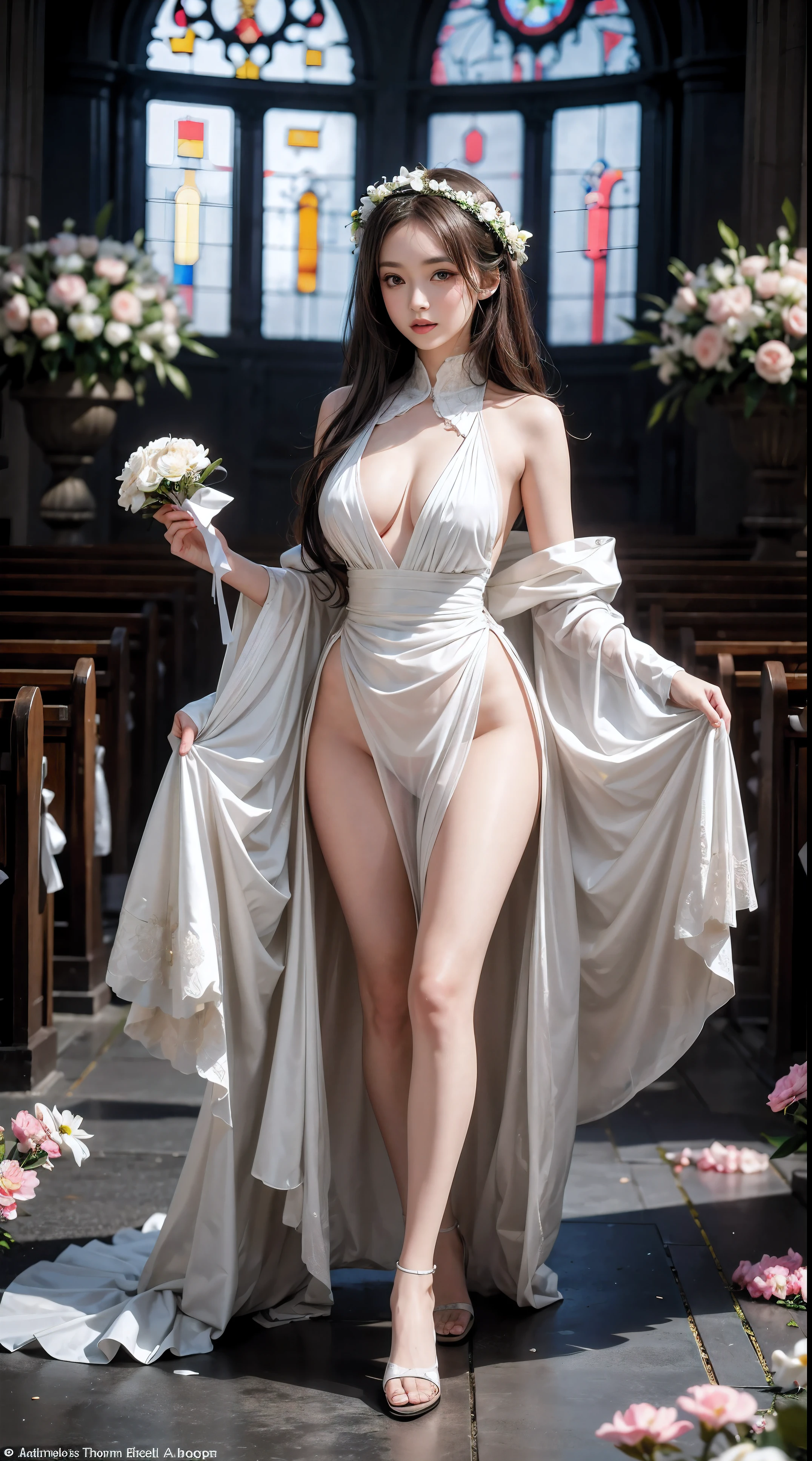 Sugihara anri, ((solo)), alone, bride, was naked, horny, happy, ((forehead to show)), standing, entering the church, dark hair, long hair, delicate, young, long hair, detailed face, high definition, ((full body)), (flowers around her), full body, she is a beautiful woman getting married, face with high quality, beautiful, radiant, big breasts, nipple erect, visible pubic area, visible crotch