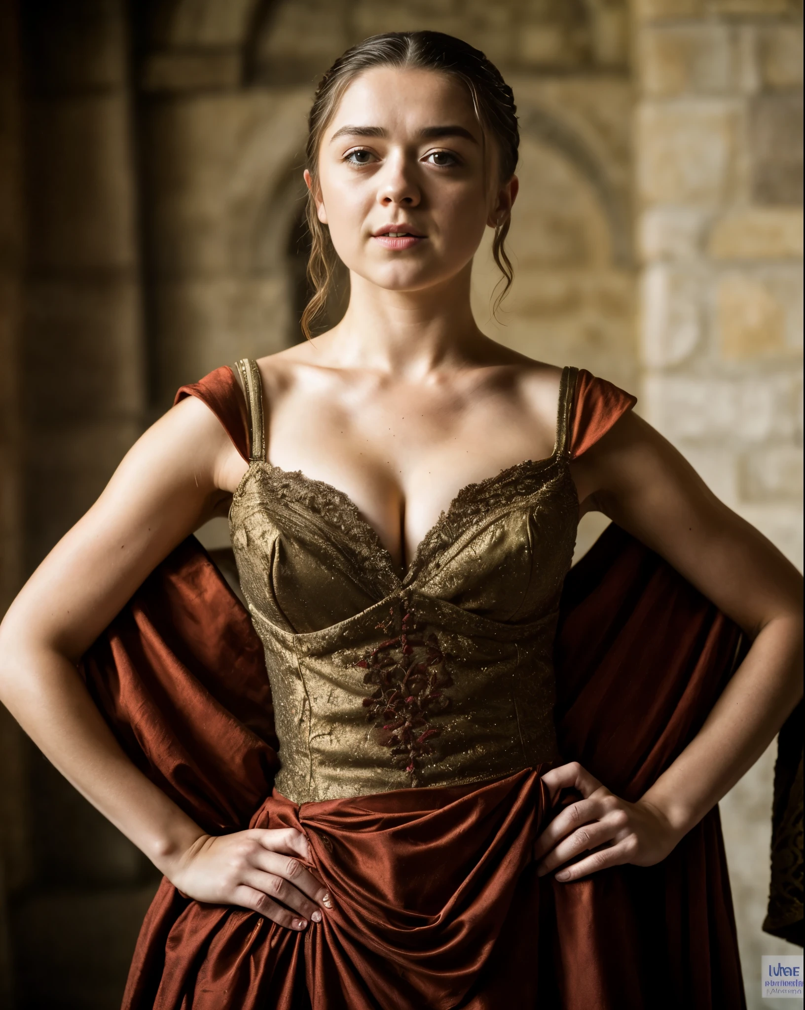 Foto RAW, Arya Stark, Extremely gorgeous lady, Arya Stark PLAYED BY MAISIE WILLIAMS, Queen Arya Stark, she is a mature woman now, milf, pierced eyes, sexy mediaeval battle dress, gladiator woman, body, 45 years old Woman, body revealing costumes, perky breast, big natural breast, erotic costumes, lusty physique, seductive figure can capture every people's attention, Game of thrones costumes, revealing captivating figure, Mediaeval costumes, revealing clothes, A tomboy, she would rather fence than dance, warrior queen , game of thrones screen caps, Game of Thrones Series, (pele altamente detalhada: 1.2), 8k UHD, DSLR, soft-lighting, alta qualidade, grain of film, Fujifilm XT3, flawless picture, highly detailed, detailed Beauty, intricate, 32k, sharp picture, detailed armpits, armpits hair, armps up, arms wide open, sweaty body, sweat,