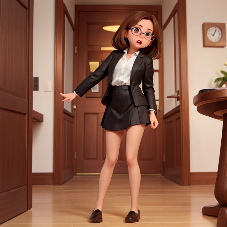 1girl, medium-length brown hair, brown eyes, glasses, open forehead, office outfit, black jacket, white shirt, black skirt, open mouth, no smile, fright