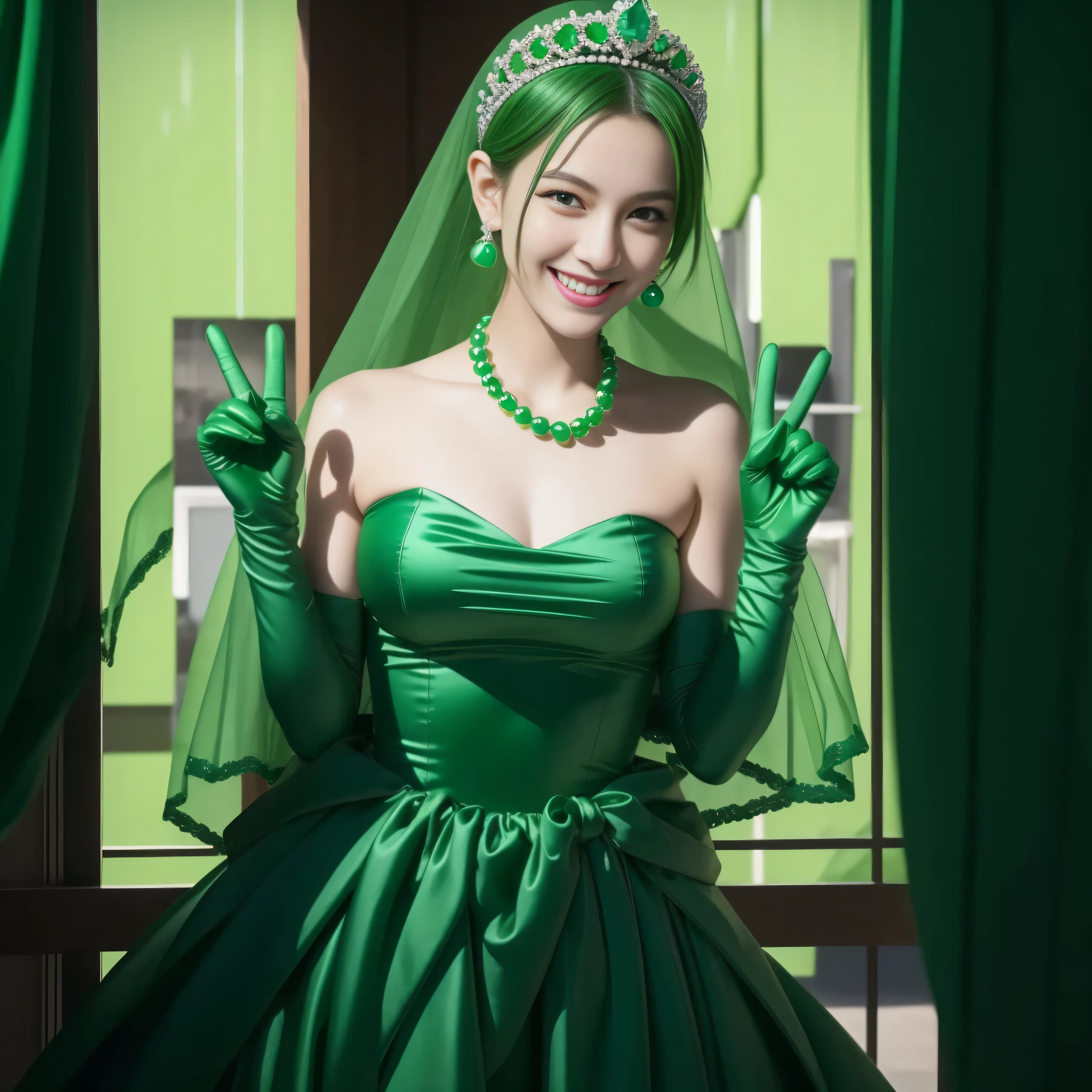 emerald tiara, Green Pearl Necklace, Boyish very short green hair, lipsticks, Japan woman smiling, very short short hair, big breasts beautiful, Green eyes, Long green gloves made of satin material, Green eyes, Emerald Earrings, green vale, v sign