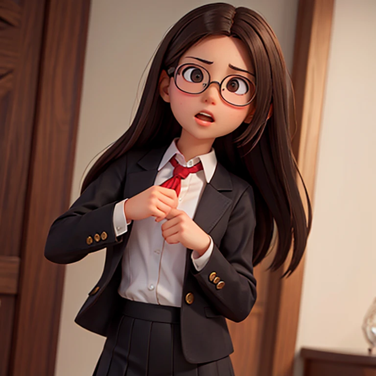 1girl, medium-length brown hair, brown eyes, glasses, open forehead, office outfit, black jacket, white shirt, black skirt, open mouth, no smile, fright