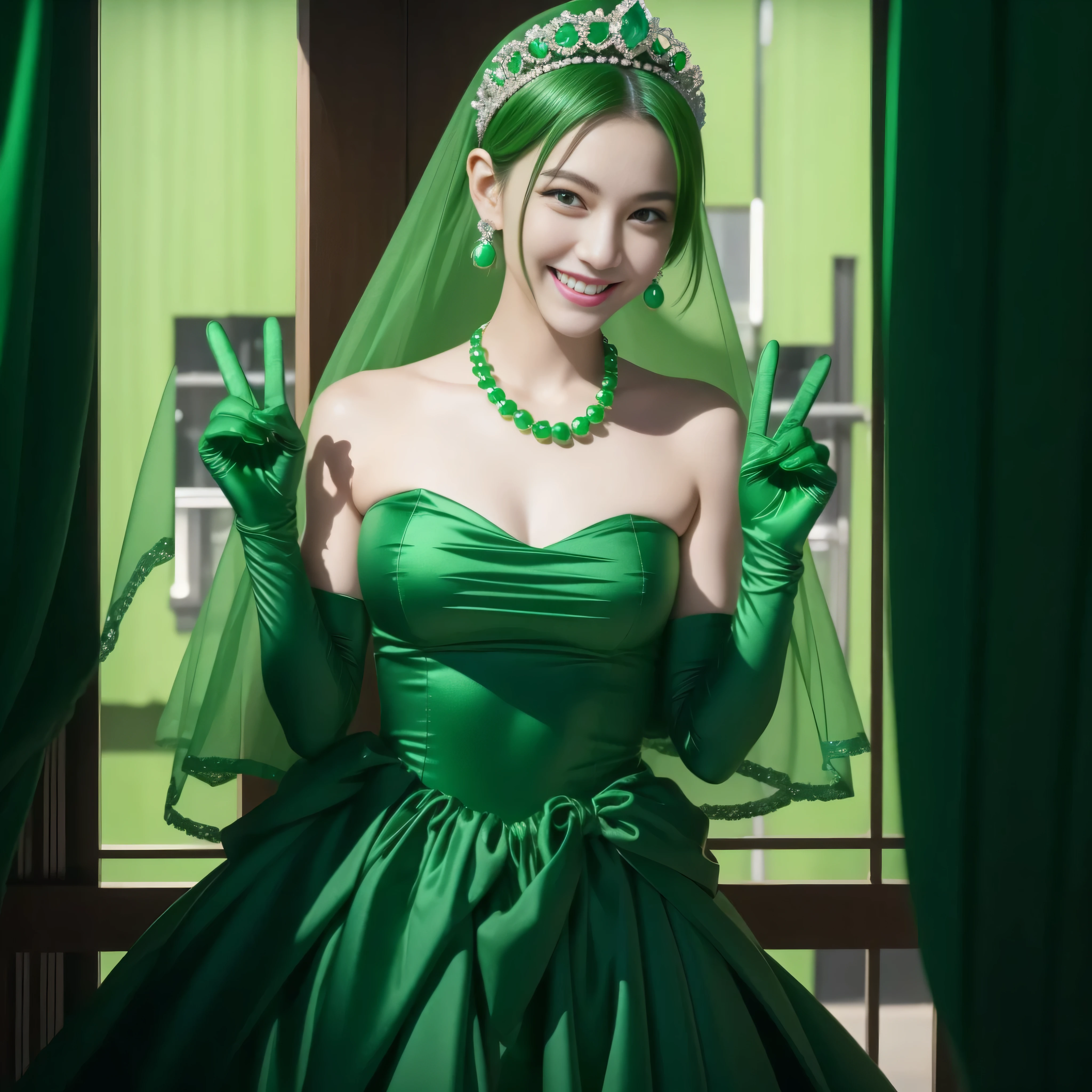 emerald tiara, Green Pearl Necklace, Boyish very short green hair, lipsticks, Japan woman smiling, very short short hair, big breasts beautiful, Green eyes, Long green gloves made of satin material, Green eyes, Emerald Earrings, green vale, v sign