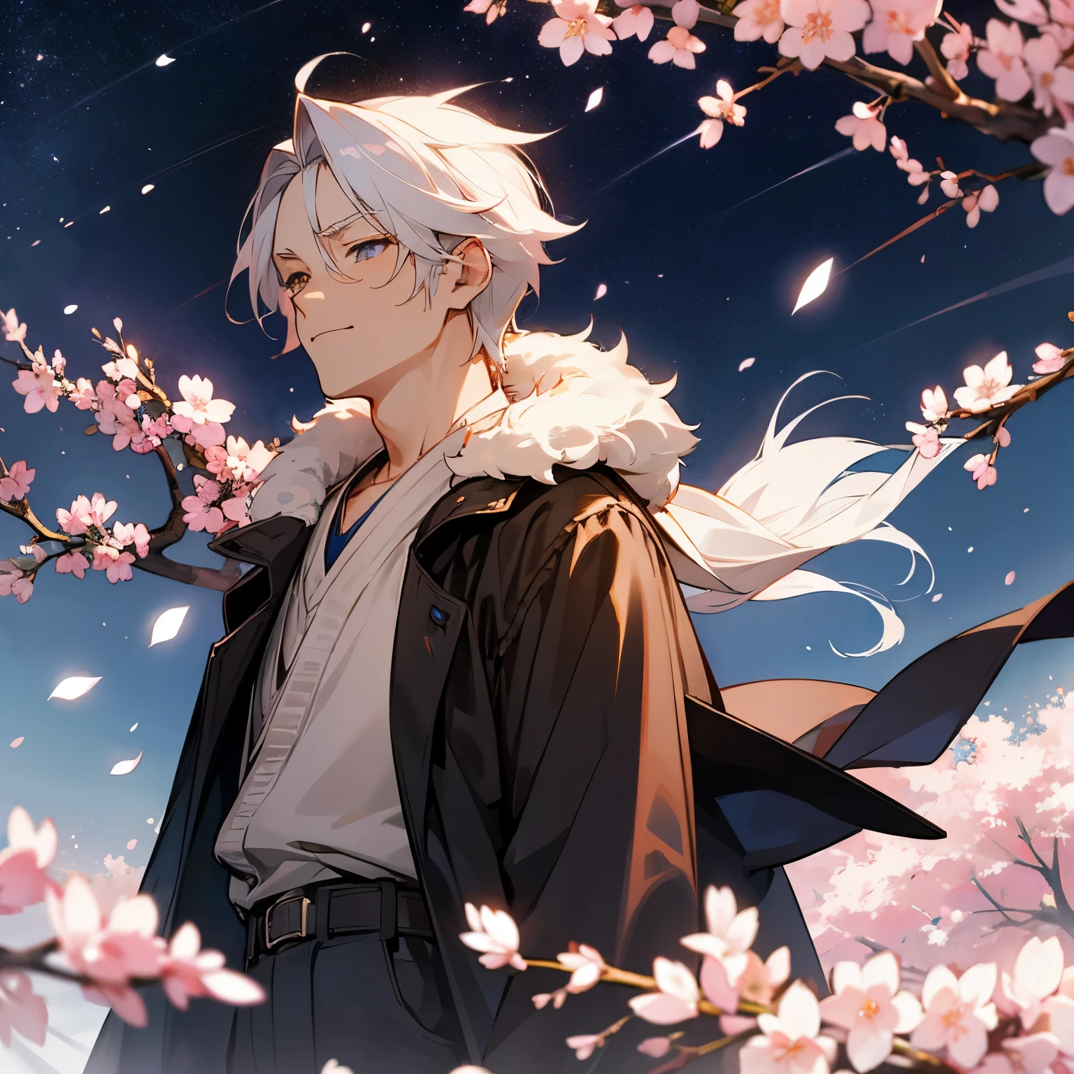 Old guy shopkeeper starry sky cherry blossoms Anime