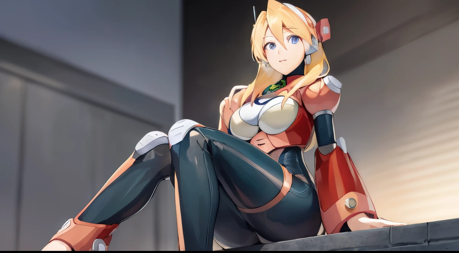 alia_megamanx, 1girl, 独奏, pectoral, blue eye, Blonde hair, android, slong hair, Robot ears, laboratory, masterwork, hig quality,