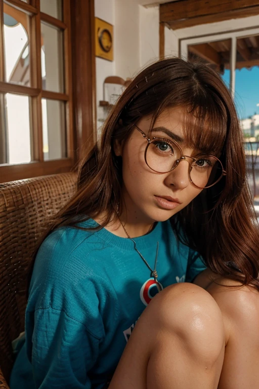 Mujer morena pelirroja de ojos celeste con lentes redondos con pechos desnundos, sentada en una silla al lado de una ventana