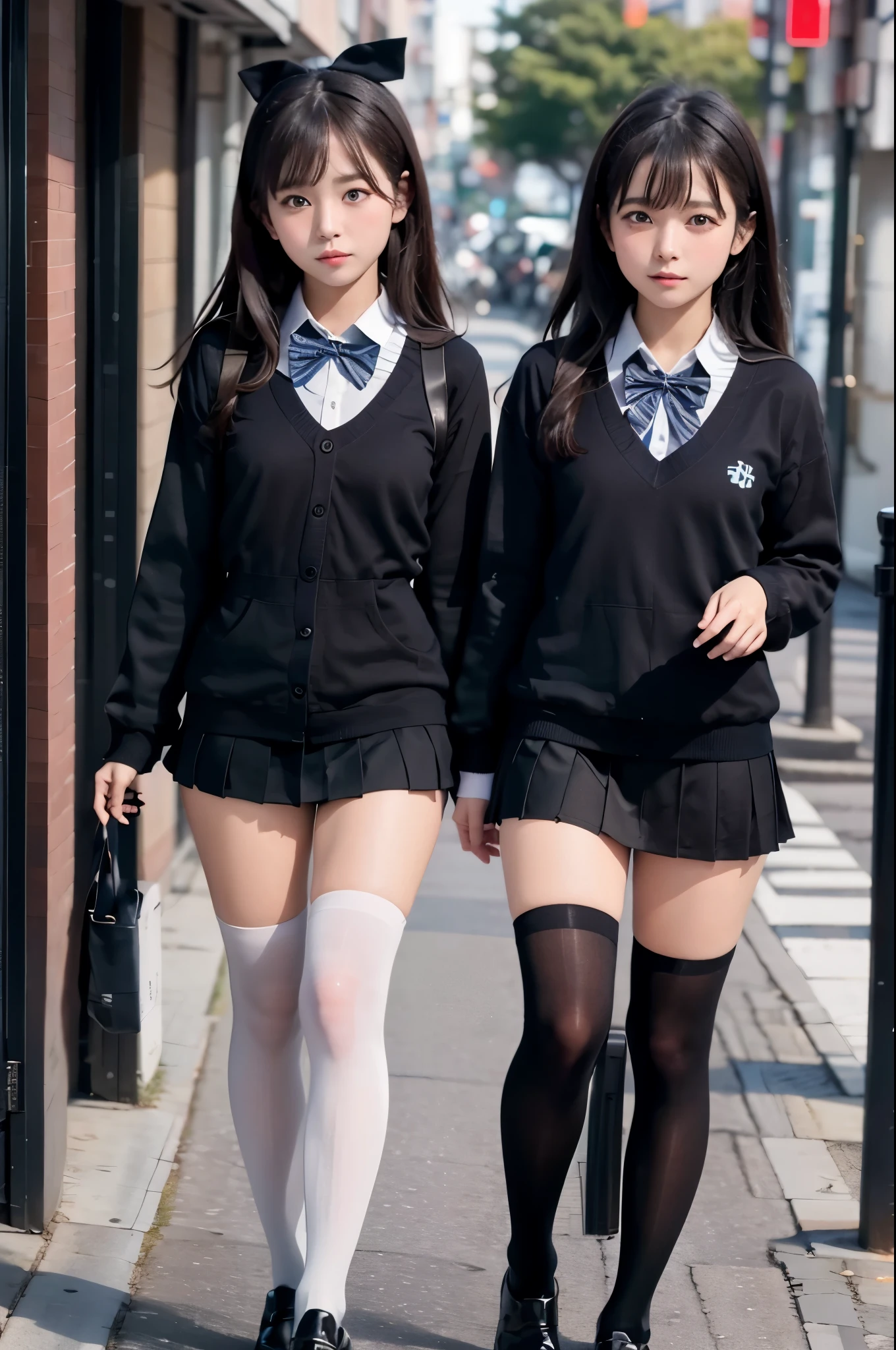 high-angle shot、street snap、A tall, -facete gal woman wearing a short skirt and bow tie stands on a neon street in the middle of the night2a person、(2 girls)、Phenomenally cute schoolgirl、Japanese girl's green uniform、Winter clothes、Wearing Japan school uniform、Japanese school black uniform、Wearing a surreal high school uniform、Girl in Uniform、Wearing a dark blue uniform、Schoolgirl Pose、full body Esbian、Nice skin、glistning skin、lovely thighs、(Micro Mini Skirt)、glowing thigh、(opaque black knee high socks)、(I always wear knee socks that go above the knee.)、I'm wearing leather shoes、High School in Japan 、乃木坂アイドル、韓国アイドル、Invite you inside、Inviting eyes