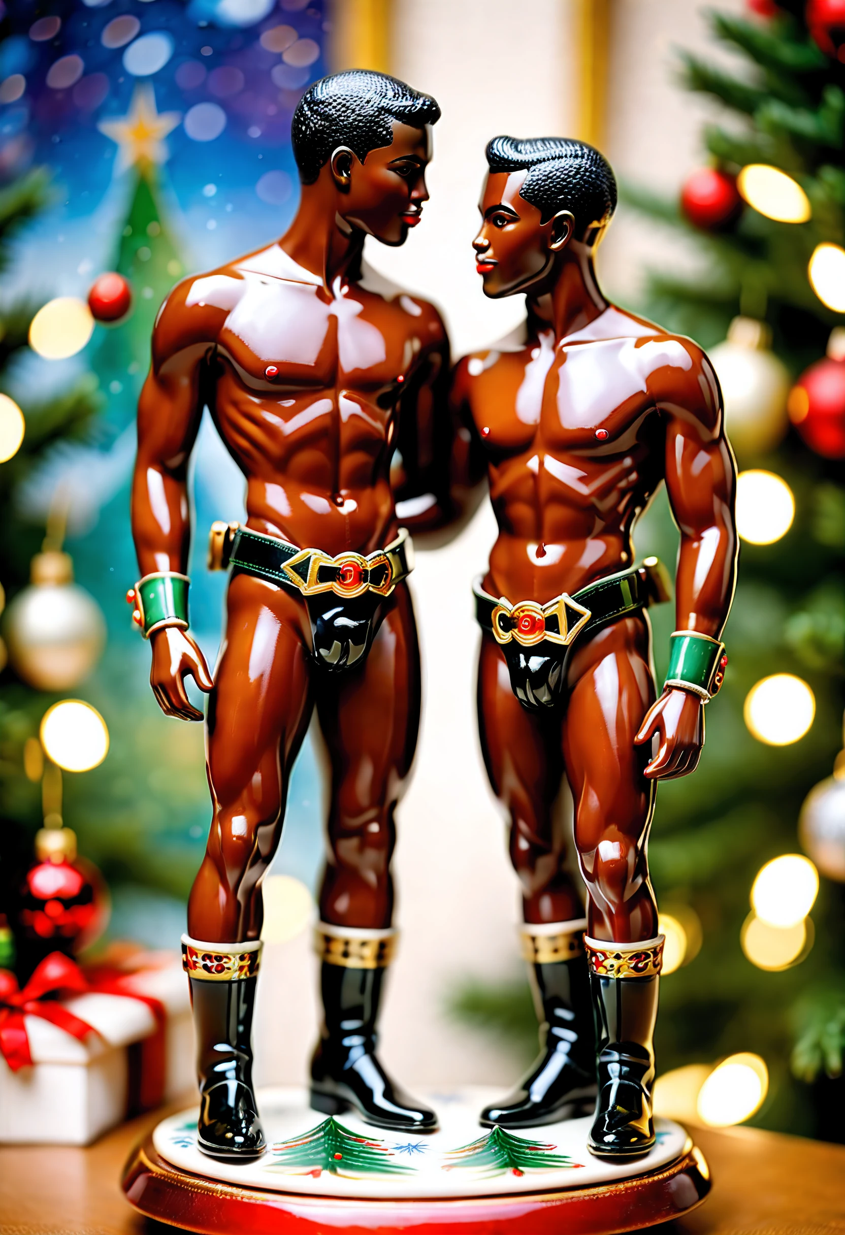 hd 16k, porcelain from 1940s, exquisite 20th-century hand-painted vitrified ceramic homoerotic polished 1940s two nigerian boys wearing fetish harness and belts ride each other, a precious Christmas very fine hand-painted porcelain figurine, christmas tree background bokeh, shiny detailed, frighteningly seductive gay sexy, surreptitiously shot image of male naked, ceramic figurine scuplture,