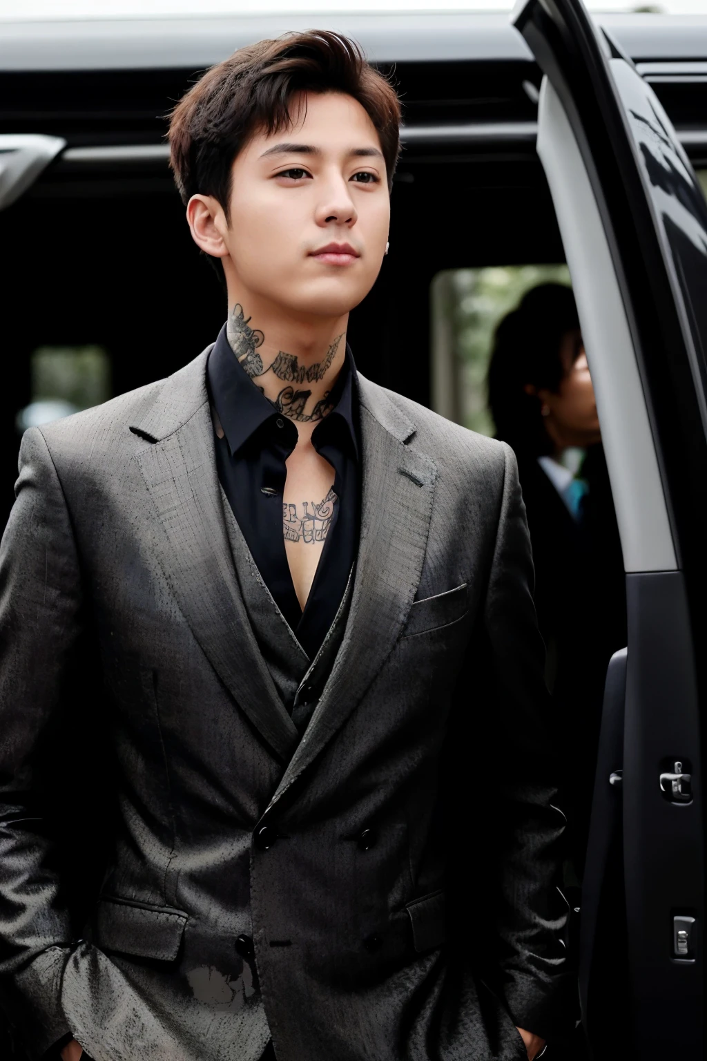 arafed man de terno leaning against a car door, brilhante da chuva, Jeon Kook, he is wearing a suit, Jungkook, em um terno preto, Jeon JungKook, para gq, de terno, bem - vestido, bonito e elegante, terno escuro, em seu terno, ele parece muito sofisticado, terno elegante, casaco de trincheira e terno, with several tattoos on his arms and neck, Jung-Kook, piercing na boca e sobrancelha