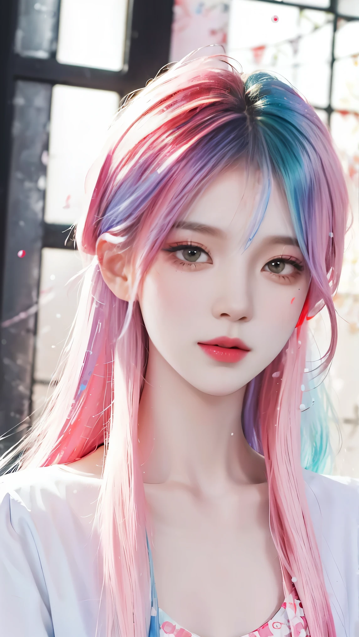 （tmasterpiece、best qualtiy、A high resolution），white backgrounid，（（paint splatter，splash of color，Splash ink、Color splattering）），Sweet Chinese girl，rainbow hair，Pink liprontage，The upper part of the body，The expression is charming，the detail，high light