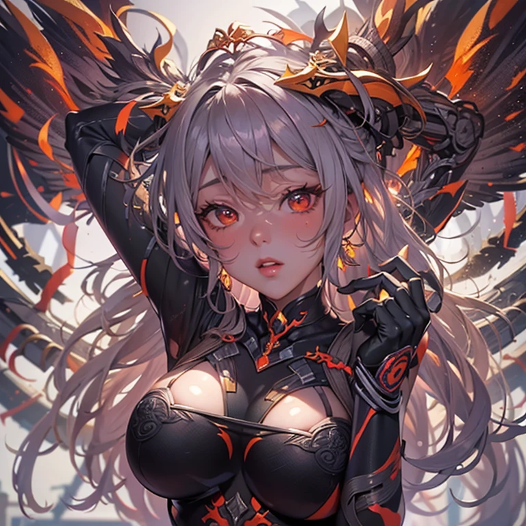 (masterpiece), best quality, expressive eyes, perfect facemasterpiece, ultra-detailliert, 8k, high quality, Top image quality, digital illustration, Female sexy, Seductive Anime Girl, Japanese anime, Detailed eye depiction, lines, appearance々red background in colors, Center, biomechanical oppai, oppai, oppai proportions, Sharp Focus, large full breasts, Colossal tits, poses that show off cleavage, sexy ,and draw the full body, Glossy realistic skin texture, spring, Hover effect, 2 legs, 2 arms, Precise human body structure, Low angle perspective, Configuration looking up from below, 1人の女性, solo, lucy (knight), long hair, parted lips, bangs, looking at viewer, upper body, 1girl, black background, red eyes, bodysuit, black hair, Full body pose