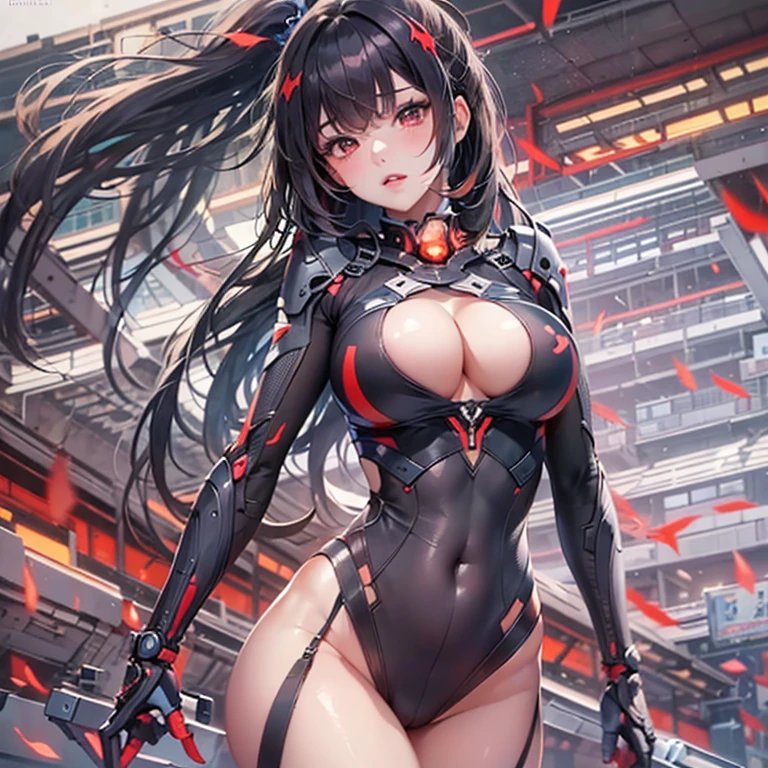 (masterpiece), best quality, expressive eyes, perfect facemasterpiece, ultra-detailliert, 8k, high quality, Top image quality, digital illustration,  Female sexy, Seductive Anime Girl, Japanese anime,  Detailed eye depiction,  lines, appearance々red background in colors, Center, biomechanical oppai, oppai, oppai proportions, Sharp Focus, large full breasts, Colossal tits, poses that show off cleavage, sexy ,and draw the full body, Glossy realistic skin texture, spring, Hover effect, 2 legs, 2 arms, Precise human body structure, Low angle perspective, Configuration looking up from below, 1人の女性, solo, lucy (knight), long hair, parted lips, bangs, looking at viewer, upper body, 1girl, black background, red eyes, bodysuit, black hair, Full body pose