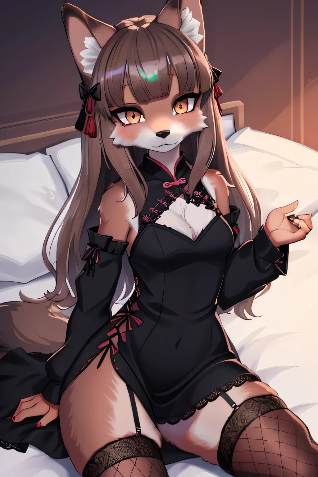 holo if a wolf girl, furry, holo if a wolf girl, furry,young, fishnet stockings wrap the thighs, erotic, beautiful clothes , Lace, lace trims, lace clothing, lace clothing, china dress, dress, brown fur, female furry mini cute style, holo a wolf girl, furry brown body, loli