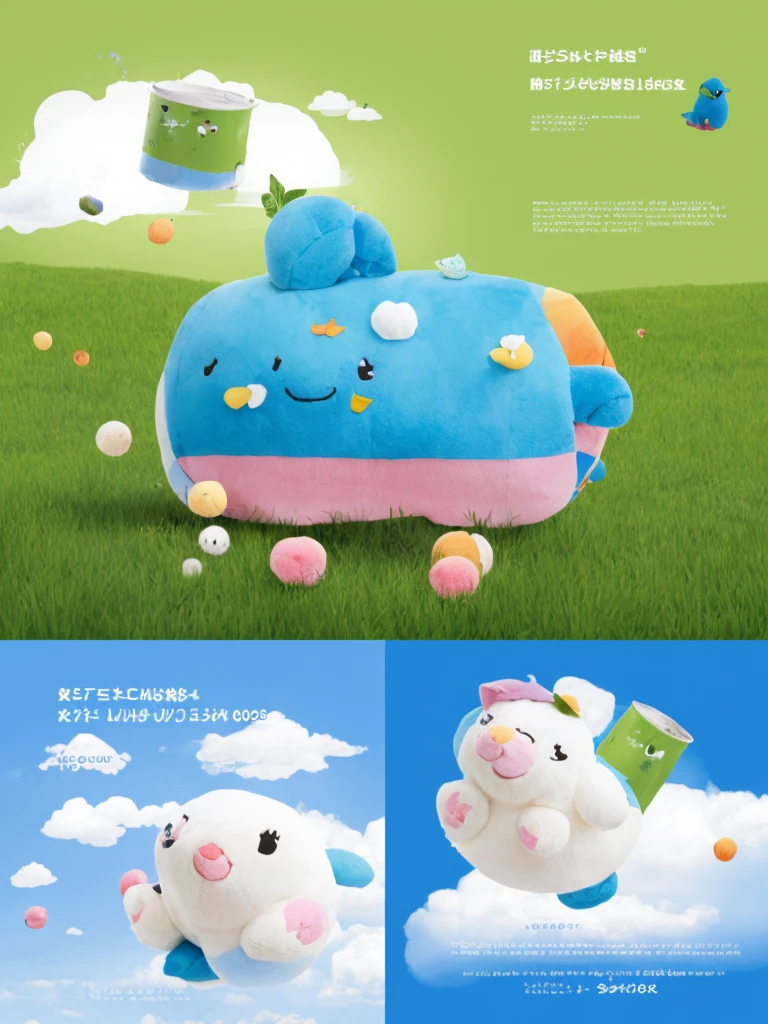 a graphic design poster of a stuffed animal on a field with a sky background, けもの, Middle metaverse, ad image, drink, trending on cgstation, bt21, bt 2 1, Chiba Yuda, loputyn and matcha, by Yan Hui