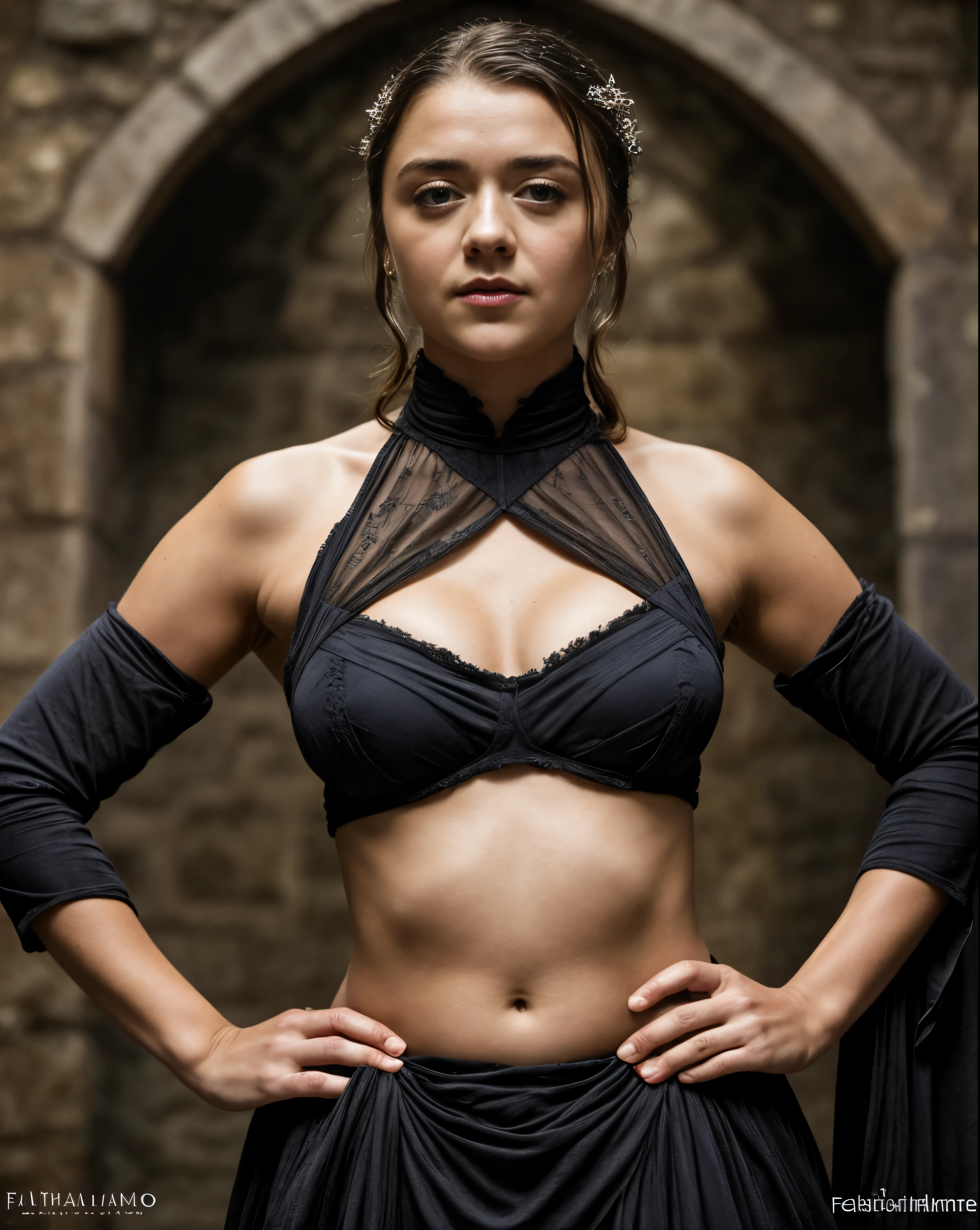 Foto RAW, Arya Stark, Extremely gorgeous lady, Arya Stark PLAYED BY MAISIE WILLIAMS, Queen Arya Stark, she is a mature woman now, milf, pierced eyes, sexy mediaeval battle dress, gladiator woman, body, 45 years old Woman, body revealing costumes, perky breast, big natural breast, erotic costumes, lusty physique, seductive figure can capture every people's attention, Game of thrones costumes, revealing captivating figure, Mediaeval costumes, revealing clothes, A tomboy, she would rather fence than dance, warrior queen , game of thrones screen caps, Game of Thrones Series, (pele altamente detalhada: 1.2), 8k UHD, DSLR, soft-lighting, alta qualidade, grain of film, Fujifilm XT3, flawless picture, highly detailed, detailed Beauty, intricate, 32k, sharp picture, detailed armpits, armpits hair, armps up, arms wide open, sweaty body, sweat,