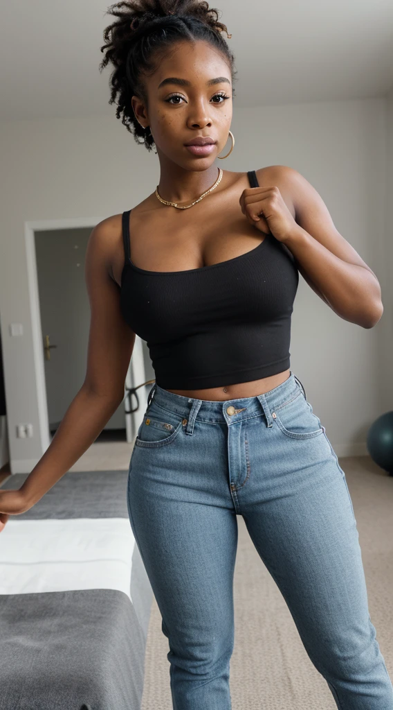 23 year old surreal black african American girl, with freckles, Instagram Snapchat Underwear Curves in Influencer Mode, culona, sefi, hyper realisitc, Husband and wife, Sexy look, provocation, 浴室, Espejo, iPhone, Tanga Korta 4k, Comblussa Blanca, and jeans pants, gym room, tight fit clothes, 8K