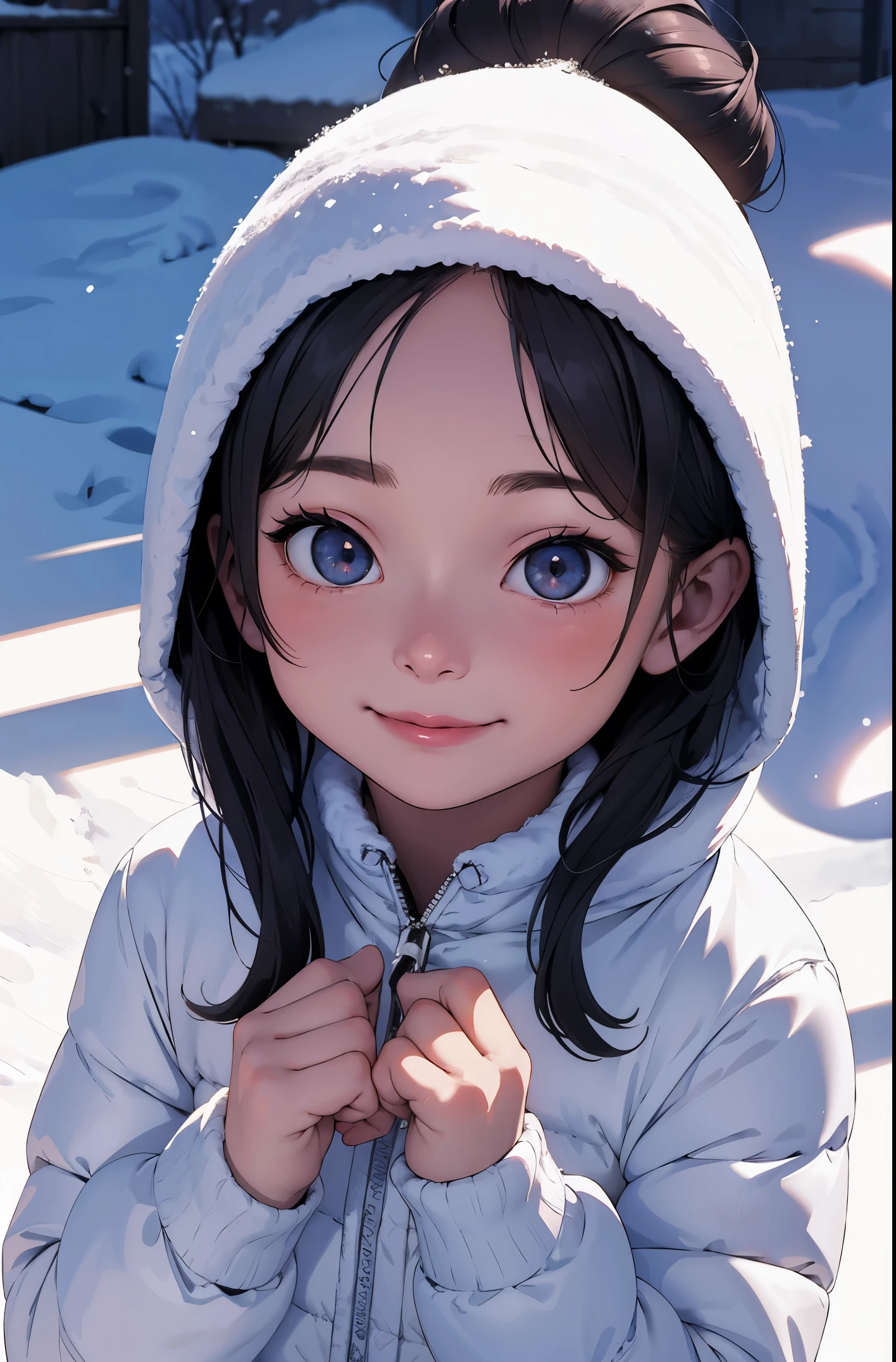 Perfect picture,,{down coat girl}{Russians,A city covered with snow}(Snow Dharma){Beautiful }{hedonism},{Powder snow,kou},8 years old girl,4K picture quality, Cinematic,,{Gamine},{small body and chest,} Longhaire,A dark-haired,cute expression,face perfect,｛girl showing a smile｝