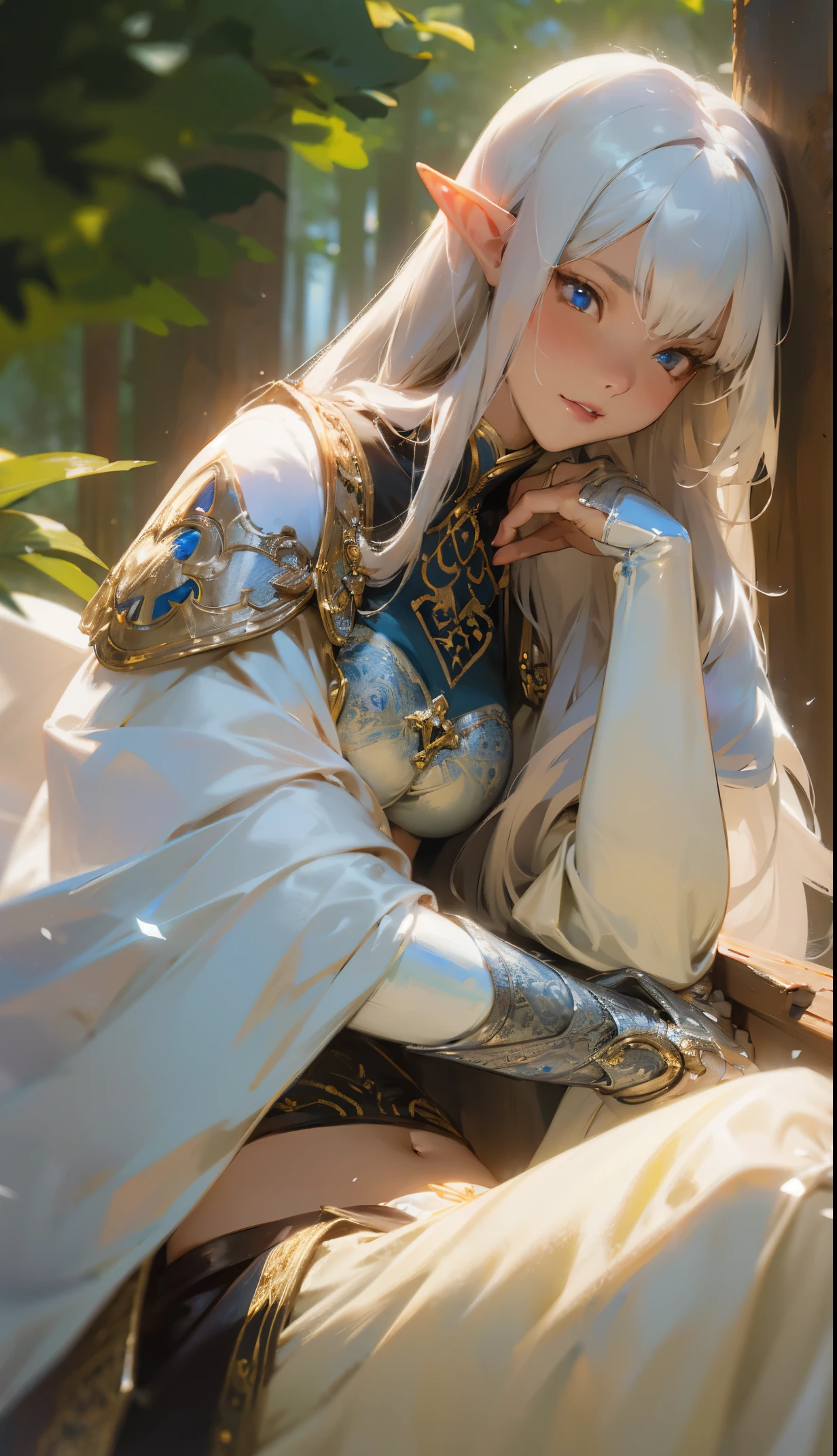 a beautiful elf woman, Bangs, white hair, detailed eyes, beautiful, hyperdetailed face, realistic shadows, best quality, masterpiece, perfect anatomy, White Cloak, ABS, bikini, intricate silver armor, Forest, Anime style, cgsociety, dramatic, cinematic lighting, fine expression, fine detail, a digital painting by Yusuke Murata, very intricate and hyper-detailed oil painting by daniel f gerhartz