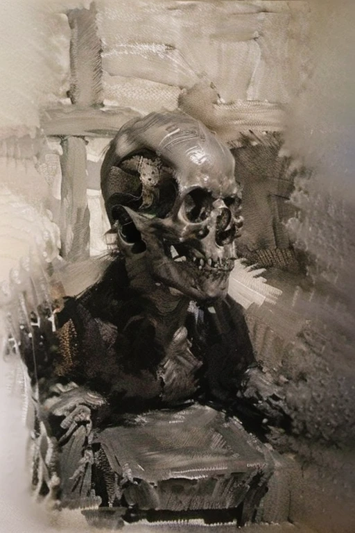 Human skull on top of a rock. graveyard. Monochrome watercolor style (tons de cinza) e bico de pena com nanquim.