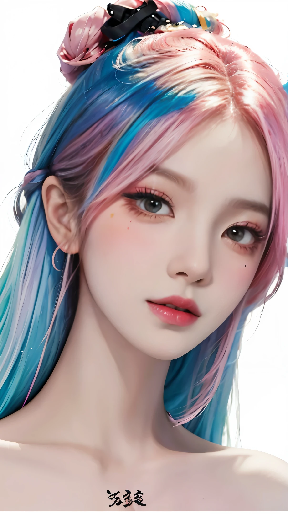 (tmasterpiece、best qualtiy、A high resolution),white backgrounid,((paint splatter,splash of color,Splash ink、Color splattering)),Sweet Chinese girl,rainbow hair,Pink liprontage,The upper part of the body,The expression is charming,the detail,high light,tear-mole,Tattooed with,Flirtatious