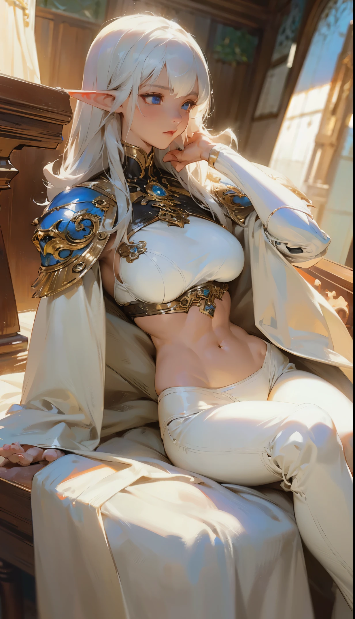 a beautiful elf woman, Bangs, white hair, detailed eyes, beautiful, hyperdetailed face, realistic shadows, best quality, masterpiece, perfect anatomy, White Cloak, ABS, bikini, intricate silver armor, Forest, Anime style, cgsociety, dramatic, cinematic lighting, fine expression, fine detail, a digital painting by Yusuke Murata, very intricate and hyper-detailed oil painting by daniel f gerhartz