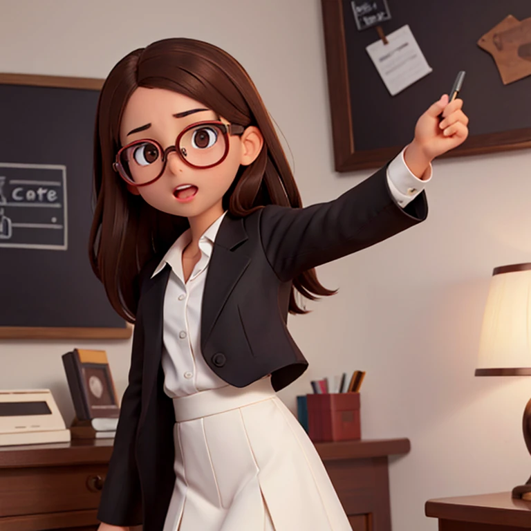 1girl, medium-length brown hair, brown eyes, glasses, open forehead, office outfit, black jacket, white shirt, black skirt, open mouth, no smile, fright