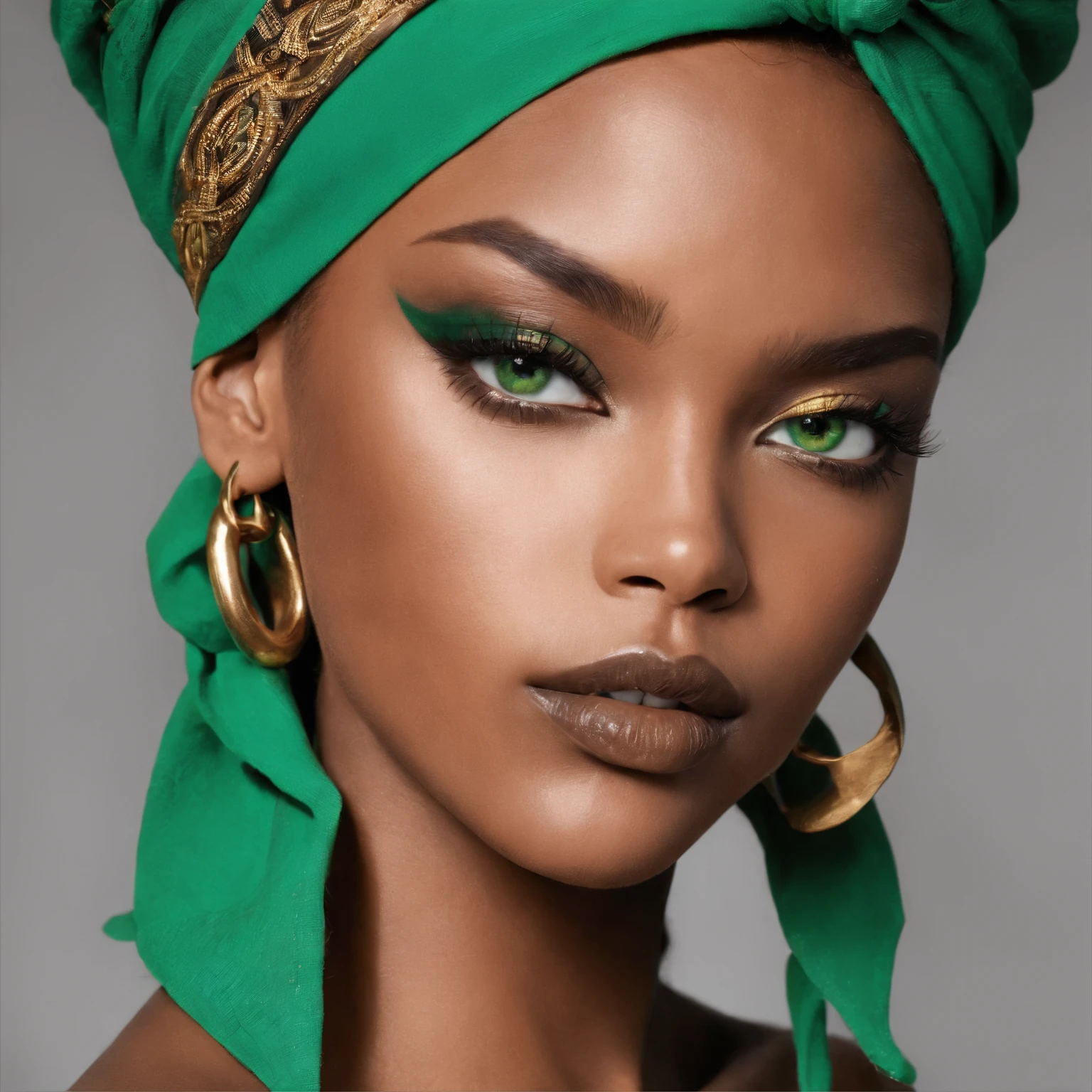 1girls, African American model , green eyes, bandana, golden makeup, jewellery