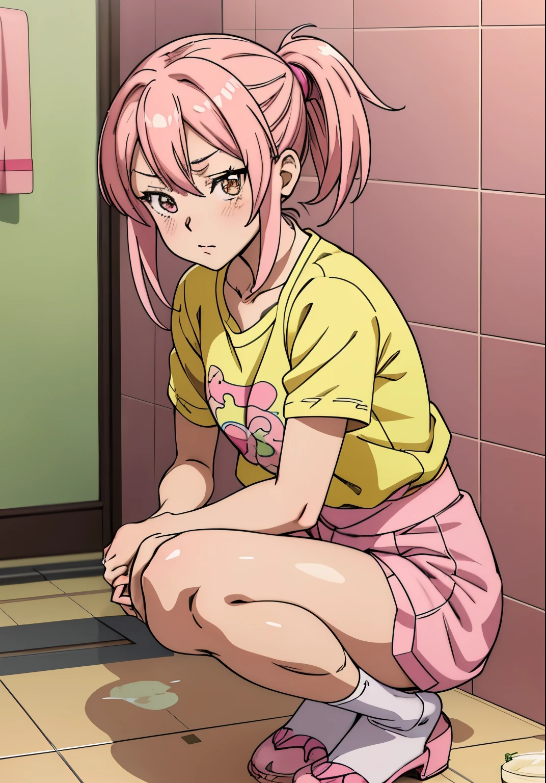 anime girl in a yellow shirt and pink panties in a bathroom, beautiful anime girl squatting, touching her clothes, the anime girl is crouching, bending over, in bathroom, clean detailed anime art, highly detailed exquisite fanart, ecchi style, cute detailed artwork, ecchi anime style, loli, beautiful alluring anime , by Okada Beisanjin