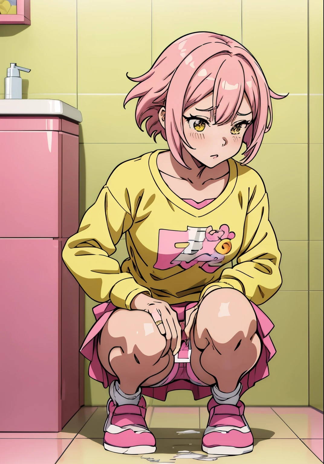 anime girl in a yellow shirt and pink panties in a bathroom, beautiful anime girl squatting, touching her clothes, the anime girl is crouching, bending over, in bathroom, clean detailed anime art, highly detailed exquisite fanart, ecchi style, cute detailed artwork, ecchi anime style, loli, beautiful alluring anime , by Okada Beisanjin