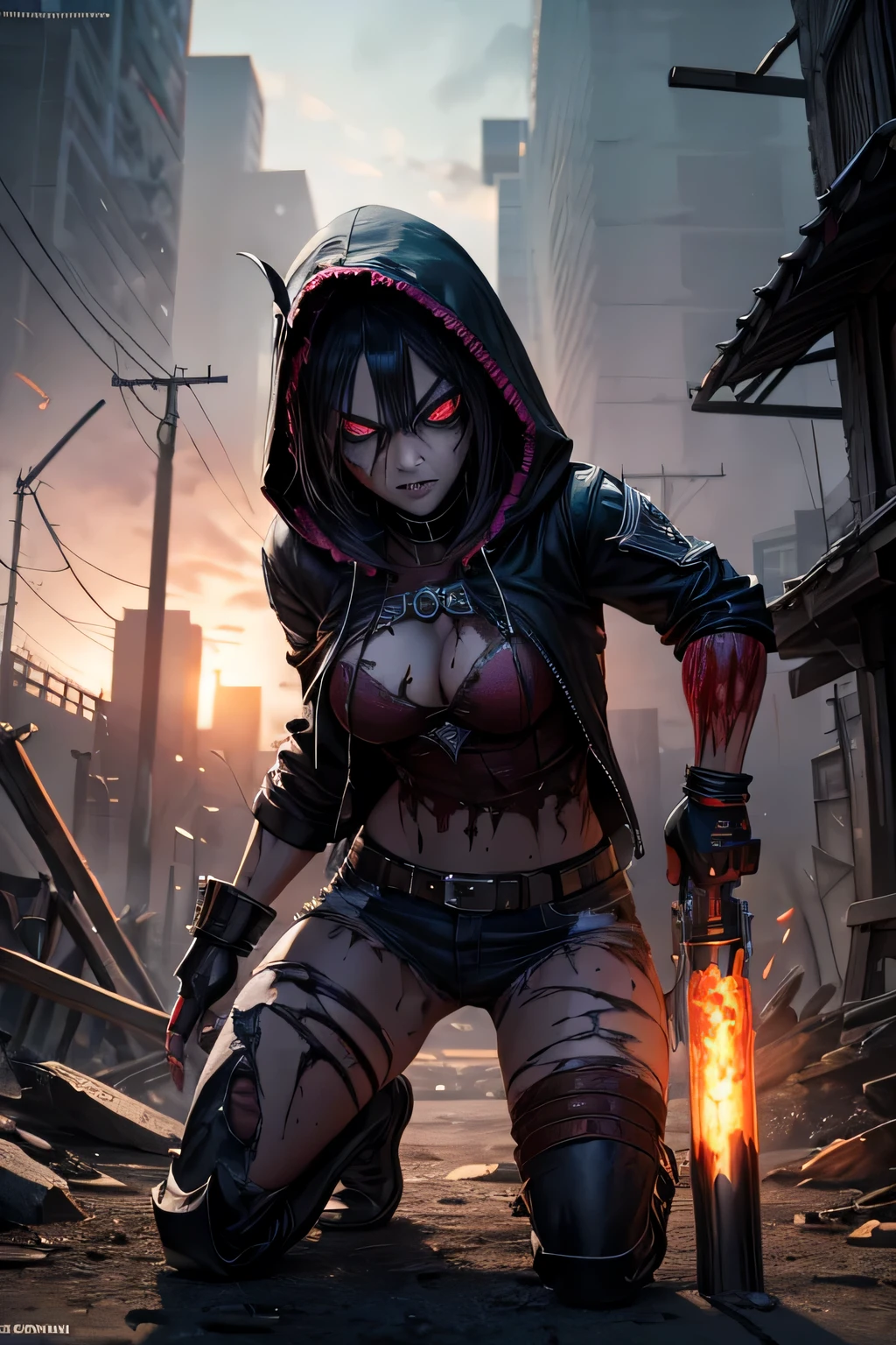 dead evil rotting zombie girl Superhero Teen Titan Raven, wearing a long dark cloack and hoody covering her head, combat stance, highly detailed, evil vilanious look, menacing, bloody, bloodthirsty, ripped clothes, torn apart costume, vibrant appearance, creative behavior, extremly detailed, imaginative, , spontaneous, highest quality, skin texture, intricate details, (cinematic lighting), RAW photo, 8k, masterpiece,best quality,ultra-detailed,very detailed illustrations,extremely detailed,intricate details,highres,super complex details,extremely detailed 8k cg wallpaper,