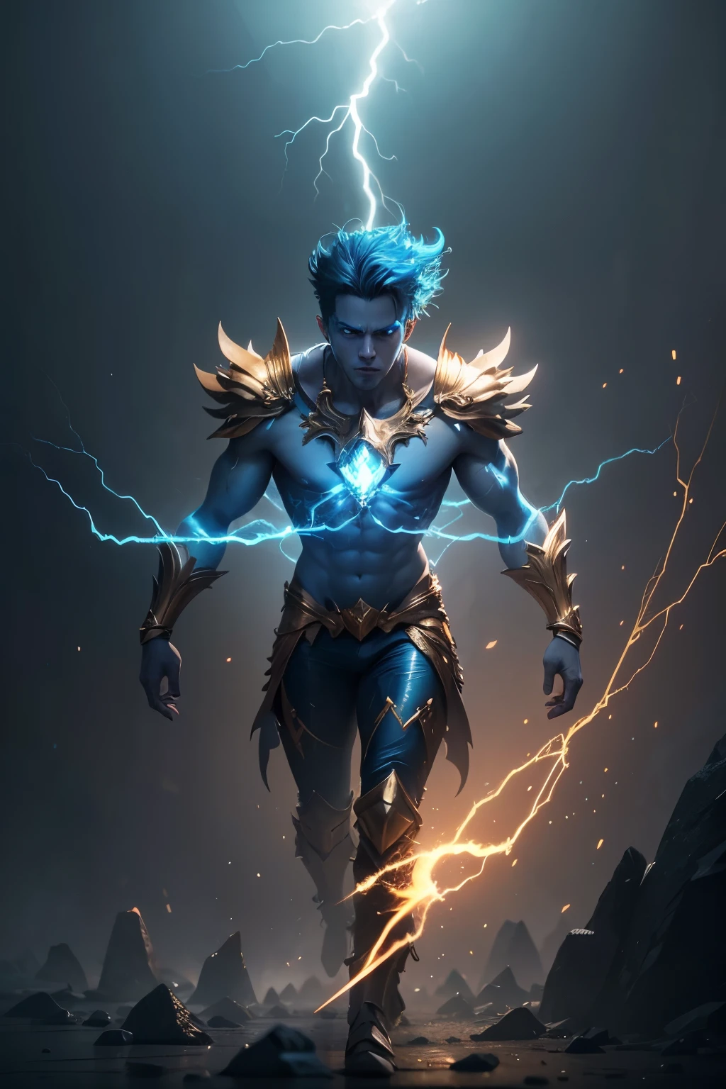 Blue and Gold little (spirit creature), (incorporeal), (male), (Crystal body), Electricity, thunders on background, surrounded by lightning, (flying), (fierce), Gold details, Gold tendrils, rendered in keyshot, rendered in octane render 32k, epic 3d abstract model, 3d render stylized, rolands zilvinskis 3d render art, greg rutkowski, octane render, super rendered in octane render, rendered in cinema 4d octane, rendered in octane