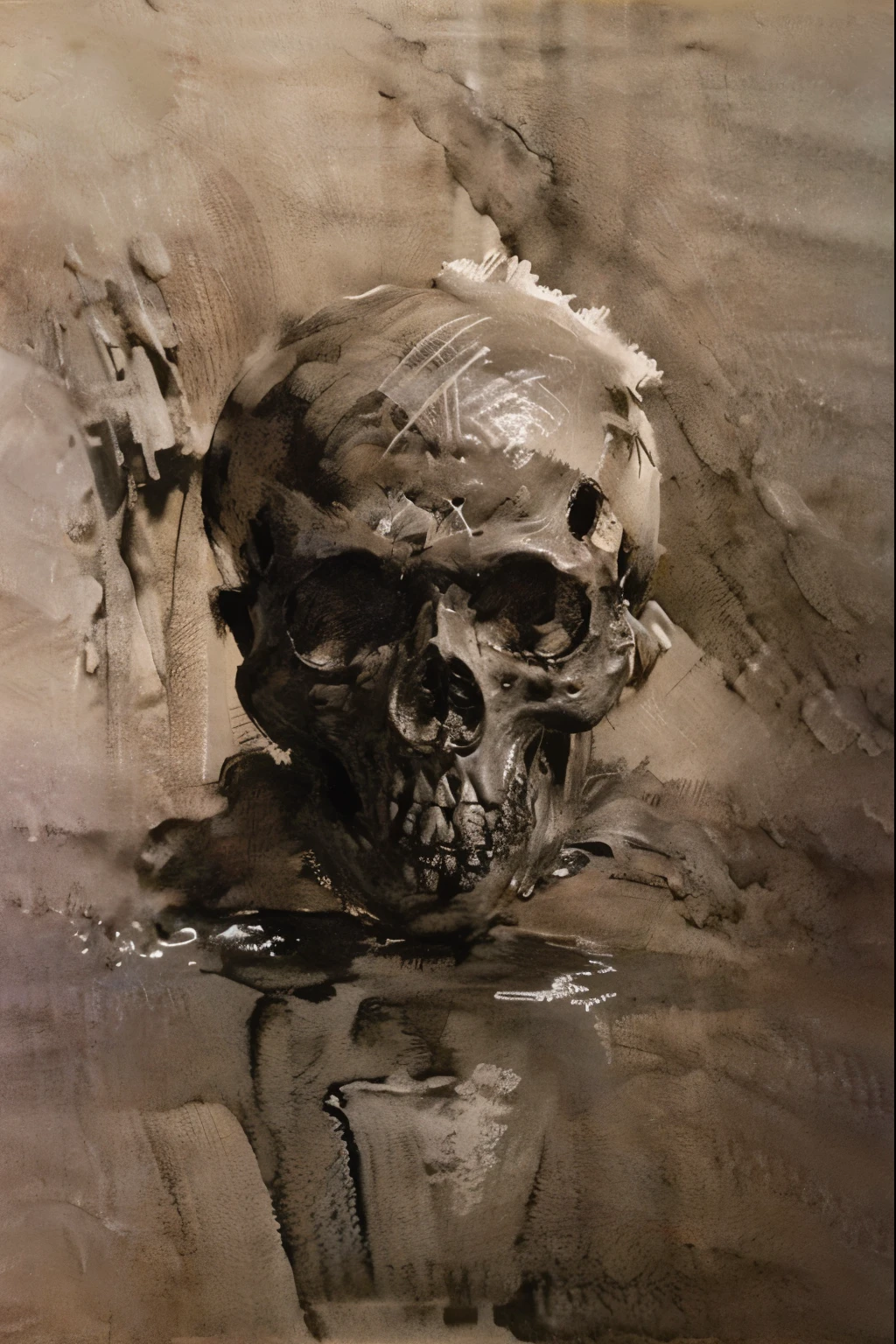 Human skull on top of a rock. graveyard. Monochrome watercolor style (tons de cinza) e bico de pena com nanquim.