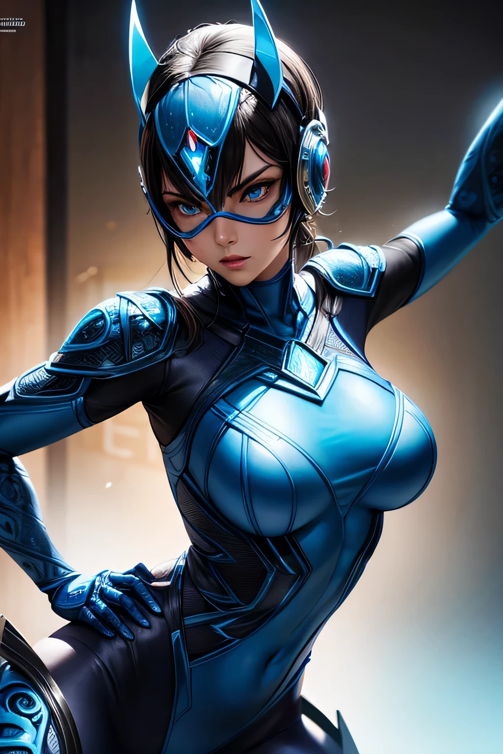 Blue Power Ranger, hurricane ,Sexy goth woman big breast, character sheet,goth makeup, character design,view all sides, full detail different poses with helmet on