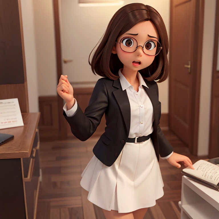 1girl, medium-length brown hair, brown eyes, glasses, open forehead, office outfit, black jacket, white shirt, black skirt, open mouth, no smile, fright