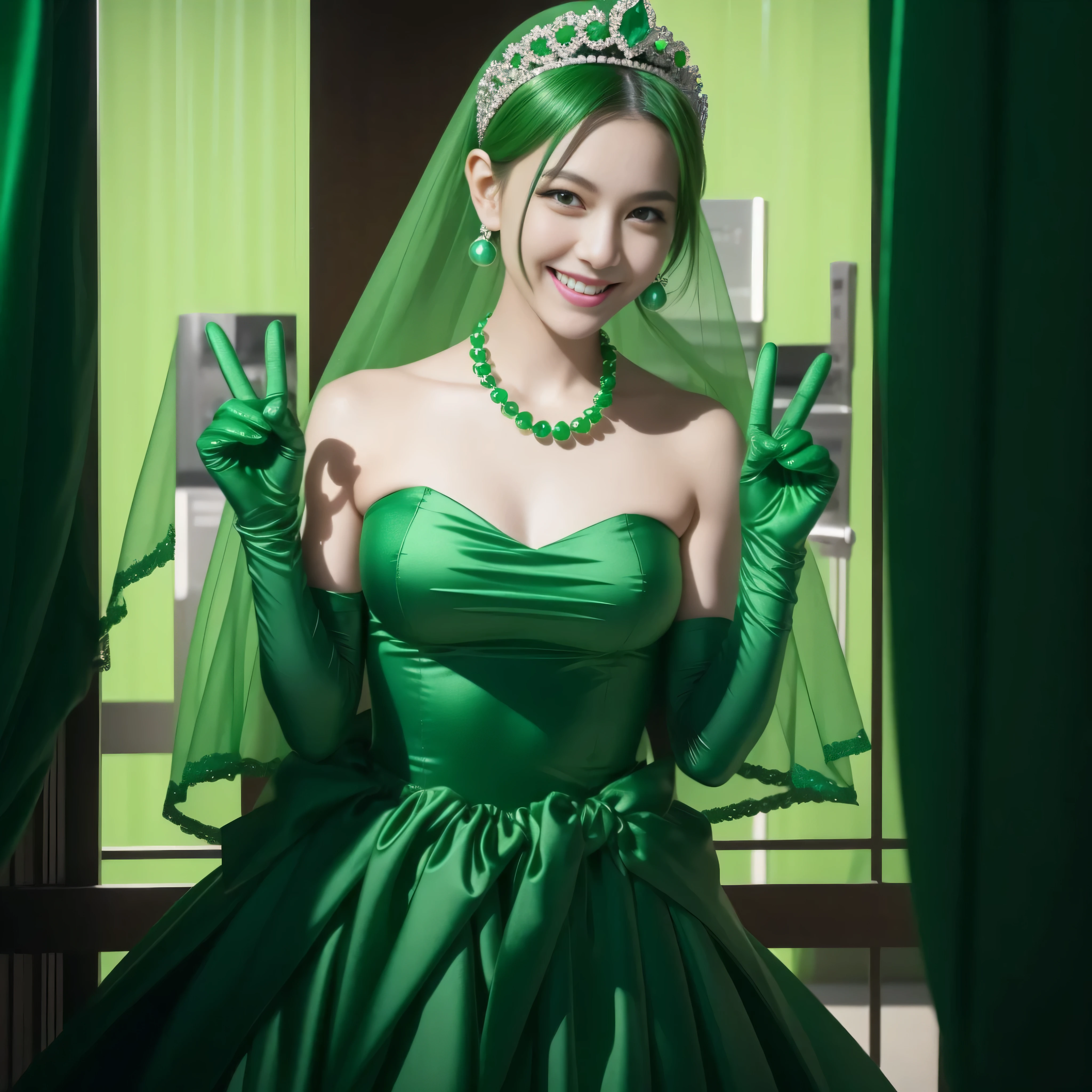 emerald tiara, Green Pearl Necklace, Boyish very short green hair, lipsticks, Japan woman smiling, very short short hair, big breasts beautiful, Green eyes, Long green gloves made of satin material, Green eyes, Emerald Earrings, green vale, v sign