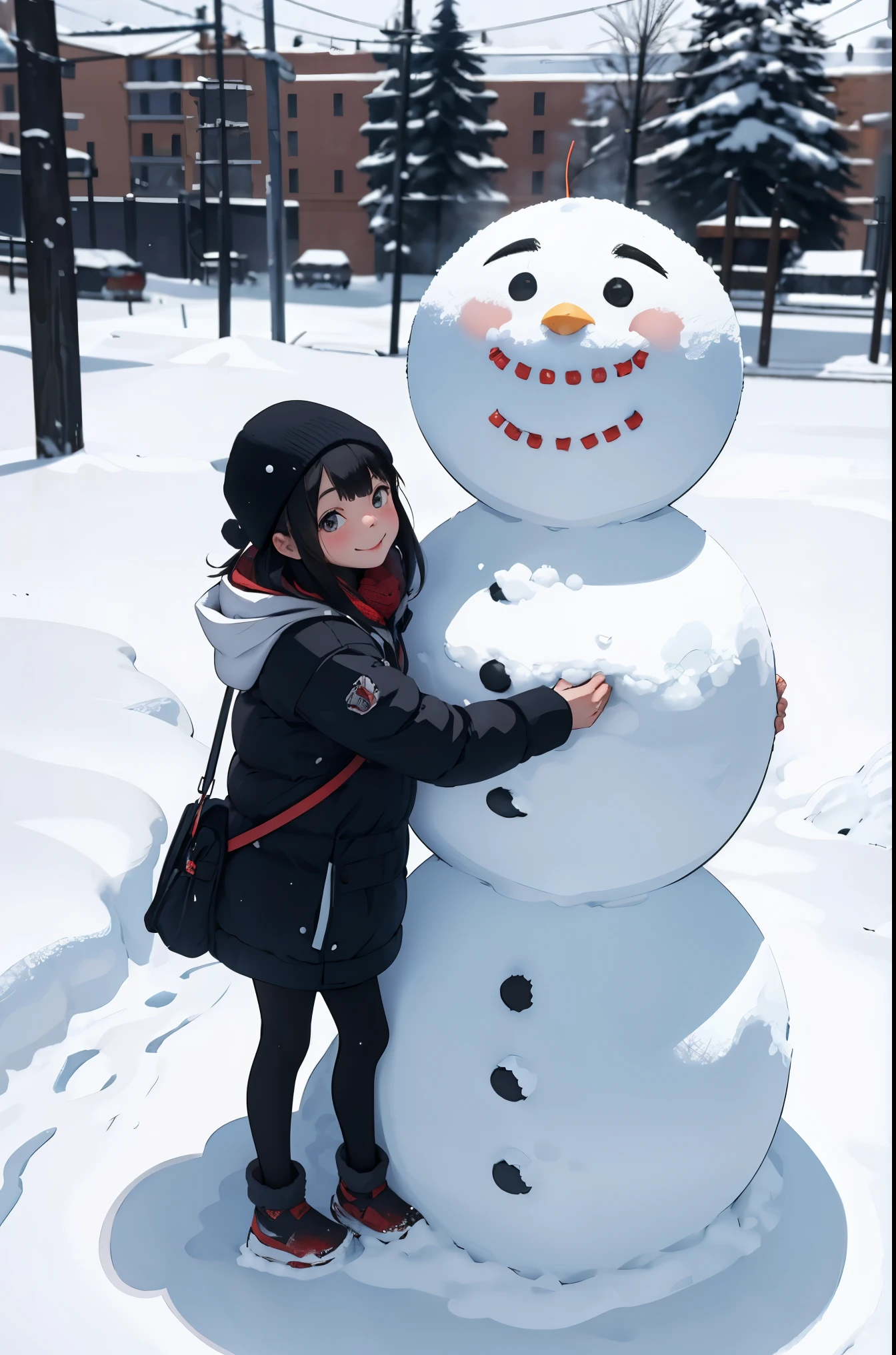 Perfect picture,,{Two girls in down coats}{Russians,A city covered with snow}(make a snowman){Beautiful }{hedonism},{Powder snow,kou}, girl,4K picture quality, Cinematic,,{Gamine},{small body and chest,} Longhaire,A dark-haired,cute expression,face perfect,{girl showing a smile}(Full body photo)