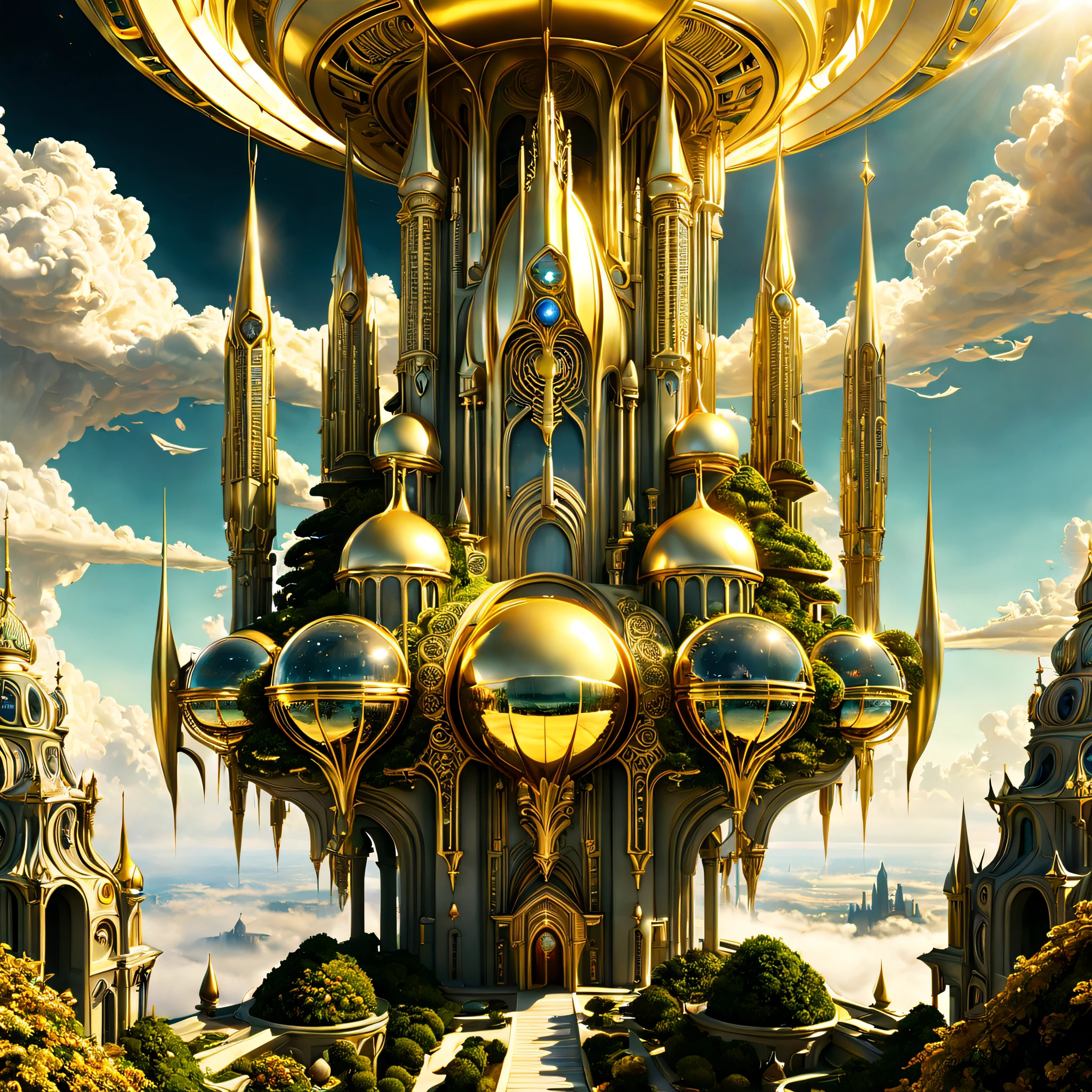 fantasia, ((In the style of Greg rutkowski)), Anjos Celestiais, ((new sky, Nova Terra)), ((Futuristic architecture)): Heavenly Mansions of Gold and Crystal rising above vibrant forests, inhabited by magical creatures and light energy. The crystal rooftops reflecting the ouroen sunrays, casting a light show through the landscape. fantasia: ((Greg rutkowski style)), ((clouds in the sky)), ((Futuristic architecture)), Glory of God, Poder e Honra, (army of angels), (retrofuturism), (Cottagecore), ( all of pure ouro), ((inspirado em H.r. Giger)), (fog near the ground, rolando ao longe), ((esplendor glorioso rolando)), Celestial City of Gold and resplendent Crystal fantasia: ((Greg rutkowski style)), ((clouds in the sky)), ((Futuristic architecture)), Glory of God, Poder e Honra, (army of angels), (retrofuturism), (Cottagecore), ( all of pure ouro), ((inspirado em H.r. Giger)), (fog near the ground, rolando ao longe), ((altura igual, comprimento, e largura)), ((esplendor glorioso rolante)), Cidade Celestial de Ouro e cristal resplandecente /imagine prompt: Uma cidade gigantesca, (spaceship), (Forma do cubo), ((ouro and crystal)), (Futuristic Architecture,the Middle East), ((Jardins suspensos)), damask pattern, ouro, jade, jaspe, quartzo, rose ouro, safira, akos maior, aerial photography, tiro de corpo inteiro, fantastical realism, angelcore, hiper realismo, brilho sonhador, refletor /imagine prompt: Uma cidade gigantesca, (spaceship), (Forma do cubo), ((ouro and crystal)), (Futuristic, the Middle East architecture), (Jardins suspensos), (Torres muito altas), damask pattern, ouro, jaspe, safira, quartzo, rose ouro, akos maior, aerial photography, tiro de corpo inteiro, fantastical realism, ouroen hour fantasia: ((Greg rutkowski style)), ((clouds in the sky)), ((Futuristic architecture)), (Inspired by the Middle East architecture), Glory of God, Poder e Honra, (army of angels), (retrofuturism), (Cottagecore), ( all of pure ouro), ((inspirado em H.r. Giger)), (fog near the gro