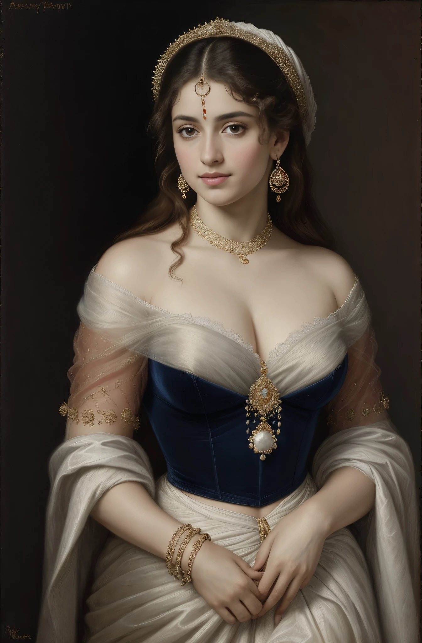 Best quality, highly detailed, masterpiece, Indian princess, Rajkanya, royal clothes, Masterpiece, extremely gorgeous woman, matchless Beauty, portrait, Peter Paul Rubens style, Woman, off shoulder bandeau crop blouse, beautifully styled hair, fluffy hair, middle ages, classicism, andrey atroshenko style, painting, long hair, styled hair, traditional media, realistic, figurative, fine art, detailed Art, oil on canvas, HDR, 8K, original character, high resolution, high detail, focus on the face, intricate, flawless, fluffy hair, Peter Paul Rubens style, By Peter Paul Rubens, sharp picture, no crown