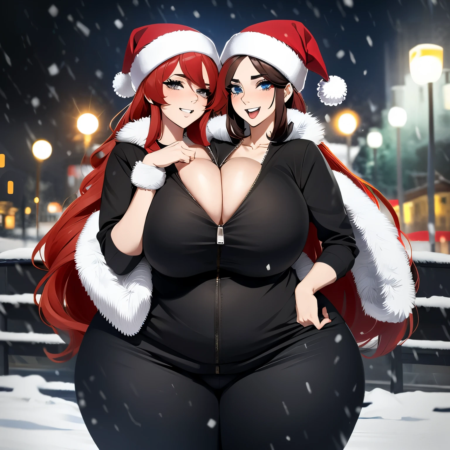 2 heads, a short skinny woman with 2 heads. Massive fake round tits. In a park during the winter. Snowing. Wearing an unzipped puffy oversized winter coat. Wearing black sweatpants. Wearing Santa hat. Gorgeous face. Cute. Happy. Smiling. Young. Flirty. Goth. Long straight red hair. Touching breasts. Seductive. Gigantic round fake tits. Thick thighs. Slutty. Girlfriend. 2 heads. Conjoined. Enormous round fake boobs. Aroused. Horny.