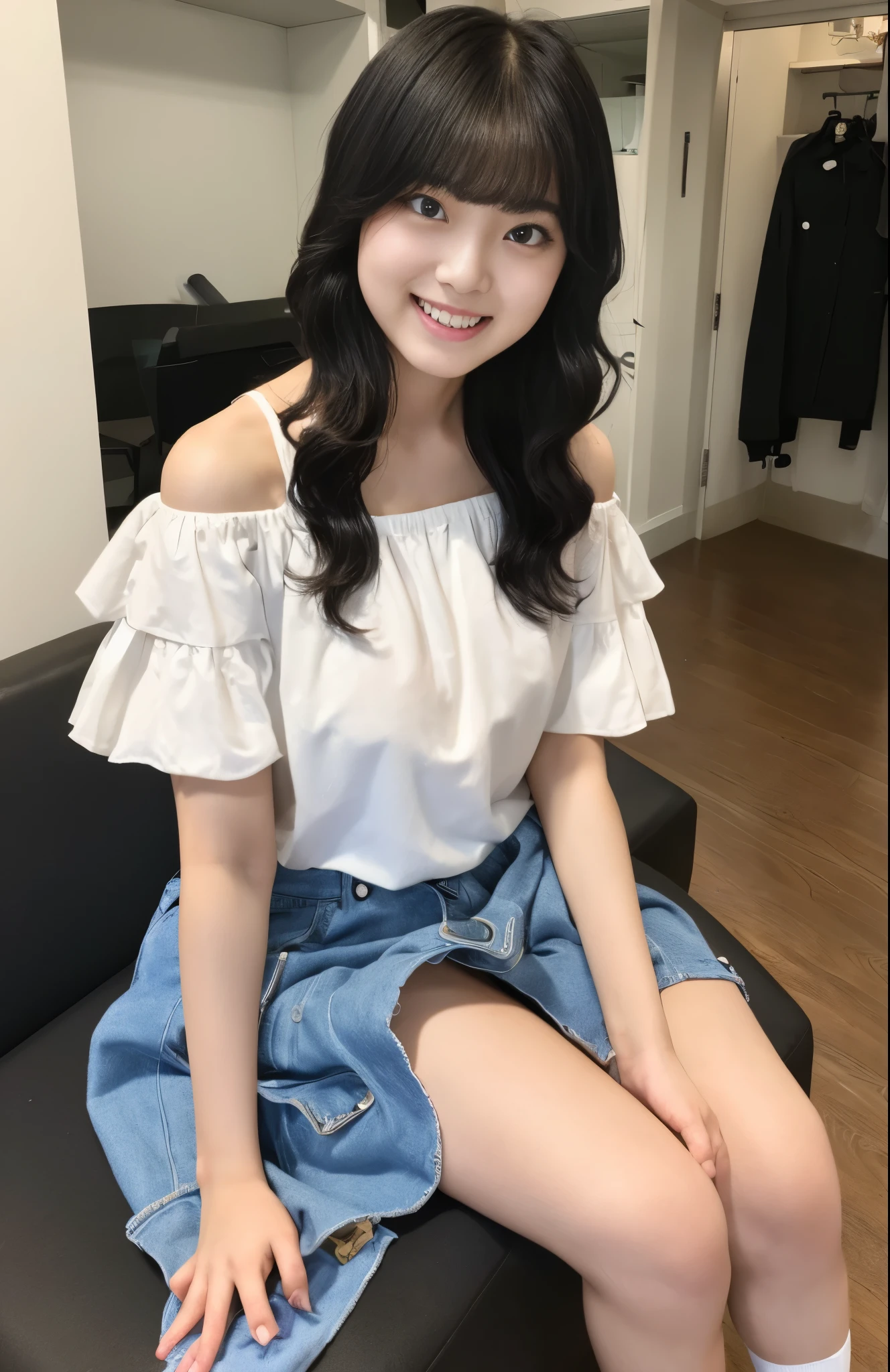 {Highest quality}、{so beautiful}、{Highest quality}、{Best illustrations}、super high quality、Japanese Girls1people々、Casual clothing、Not wearing underwear、Ultra mini skirt、Not wearing panties、Attractive thighs、Both legsMWide open letters、Open your chest wide、Face of joy、Small breasts、smile、No underwear、Sitting