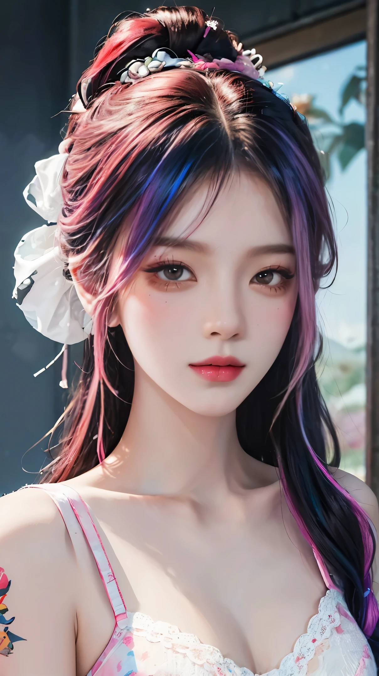 （tmasterpiece、best qualtiy、A high resolution），white backgrounid，（（paint splatter，splash of color，Splash ink、Color splattering）），Sweet Chinese girl，rainbow hair，Pink liprontage，The upper part of the body，The expression is charming，the detail，high light，tear-mole，Tattooed with，Flirtatious，Lingerie transparent，，sweat soaked