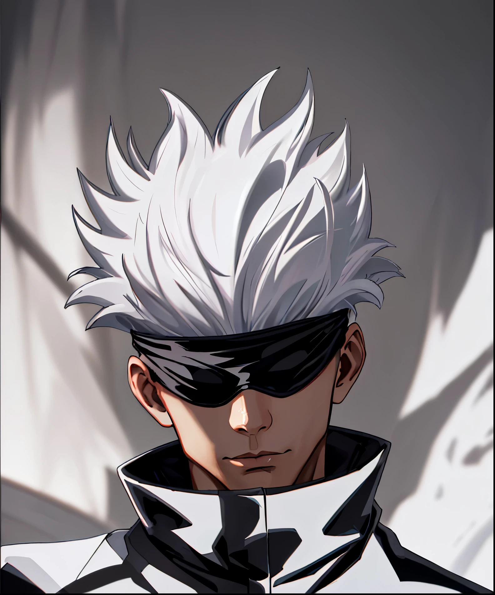 (absurdres, highres, ultra detailed, HDR), masterpiece, best quality, 1man, solo, handsome, short hair, white hair, black blindfold, black jacket, gojo,