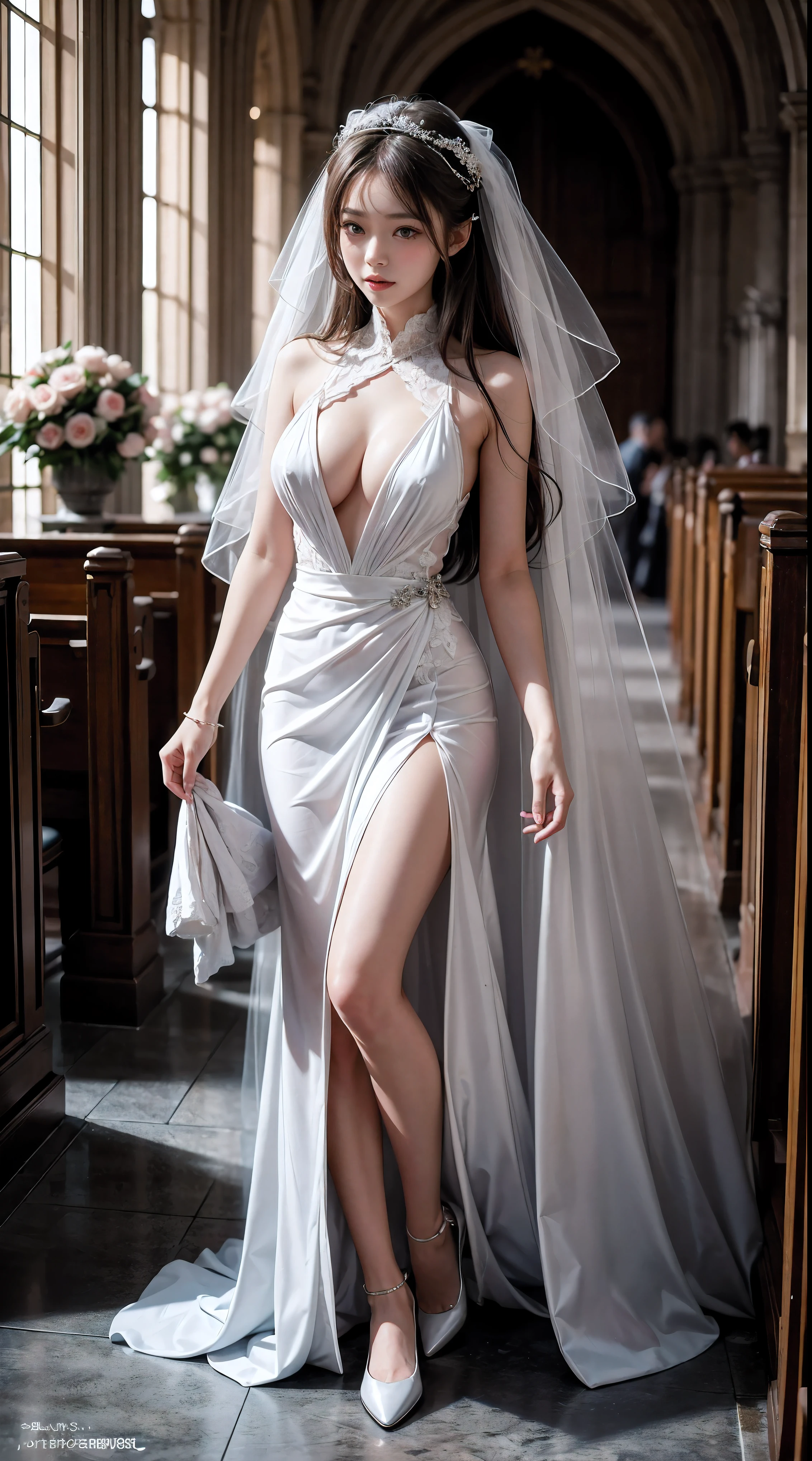 Sugihara anri, ((solo)), alone, bride, was naked, horny, happy, ((forehead to show)), standing, entering the church, dark hair, long hair, delicate, young, long hair, detailed face, high definition, ((full body)), (flowers around her), full body, she is a beautiful woman getting married, face with high quality, beautiful, radiant, big breasts, nipple erect, visible pubic area, visible crotch