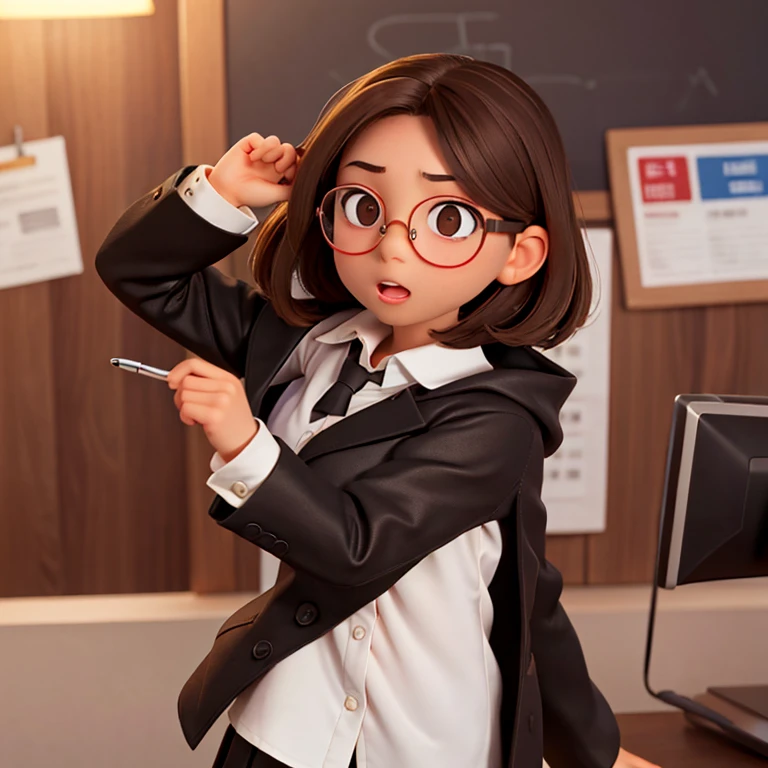 1girl, Medium-length brown hair, Brown eyes, eyeglasses, open forehead, Office equipment, black jacket, white  shirt, black skirt, open mouth, Without a smile, fright