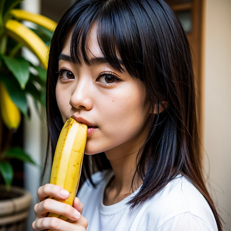 Girl holding a banana in her mouth、