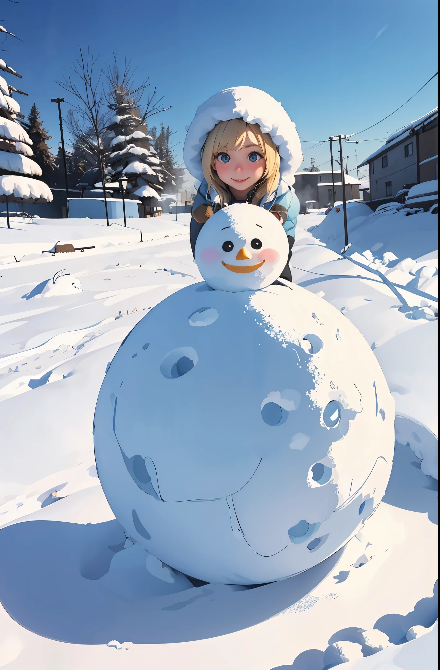 Perfect picture,,(Two Girls){girls in down coats}{Russians,A city covered with snow}(make a snowman){Beautiful }{hedonism},{Powder snow,kou},8 years old girl,4K picture quality, Cinematic,,{Gamine},{small body and chest,} Longhaire,a blond,cute expression,face perfect,{girl showing a smile}(Full body photo)