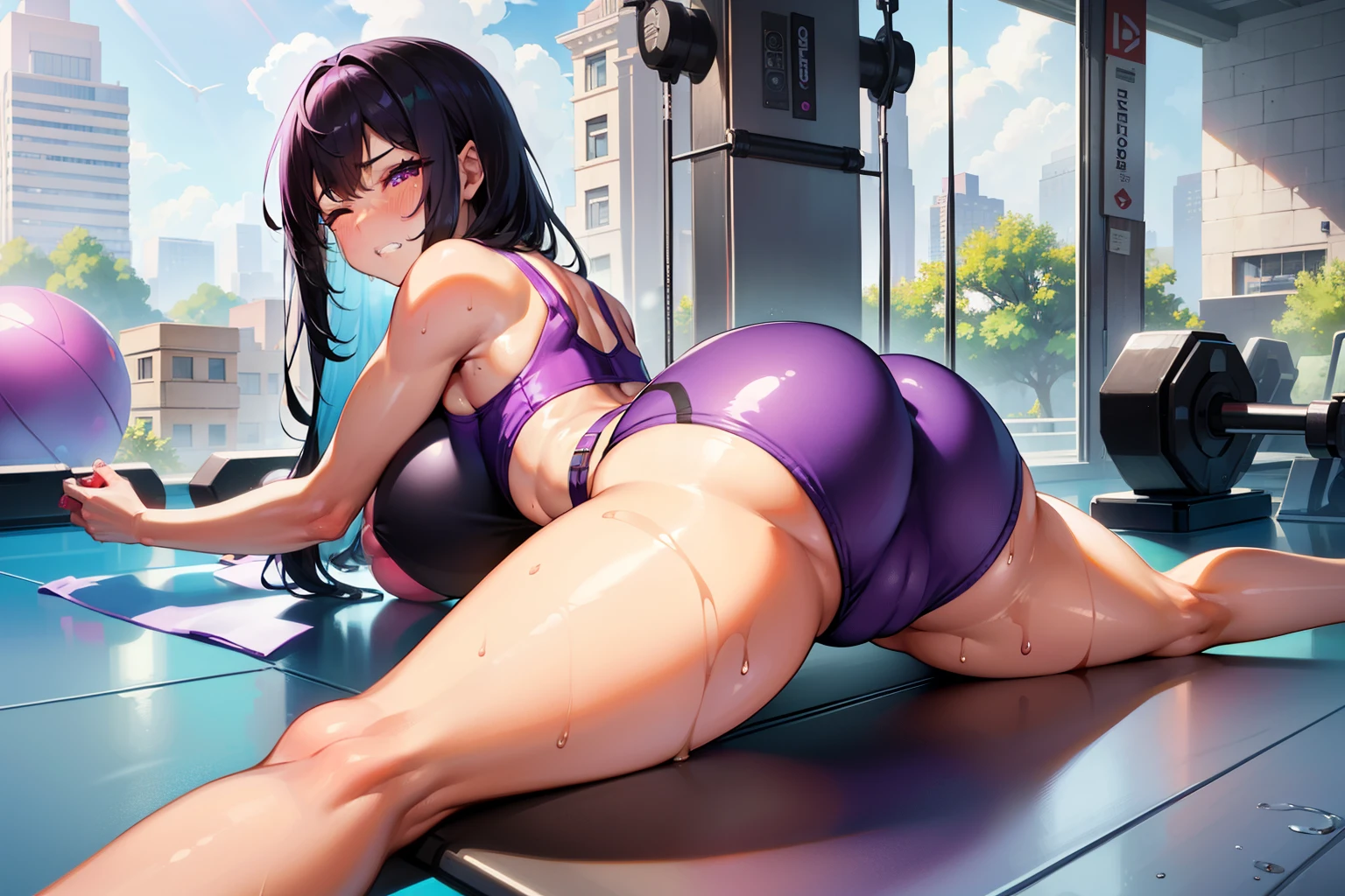 (masterpiece), best quality, expressive eyes, perfect face, gym, workout, hot, sweating, sweaty, tan, big boobs, tan skin, flustered, blush, purple clothes, see thru, yoga pants, black hair, sitting on exercise ball, gym ball, exercise ball, curvy woman , black hair , straight hair, purple eyes, emberased, purple hair, eyes closed, closed eyes , clenching teeth, clenched teeth